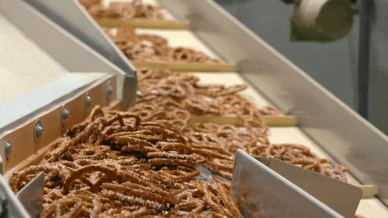 Pretzels on conveyor belt