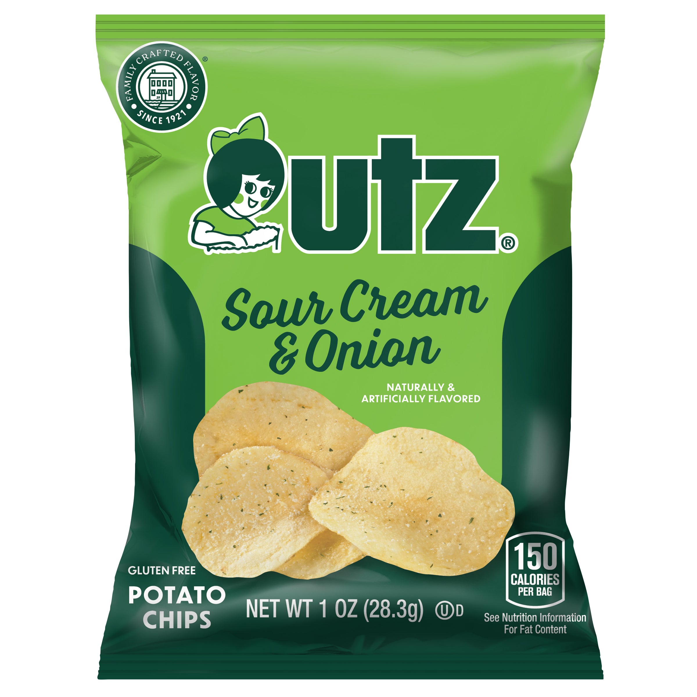 Green package of Utz Sour Cream & Onion potato chips on a white background