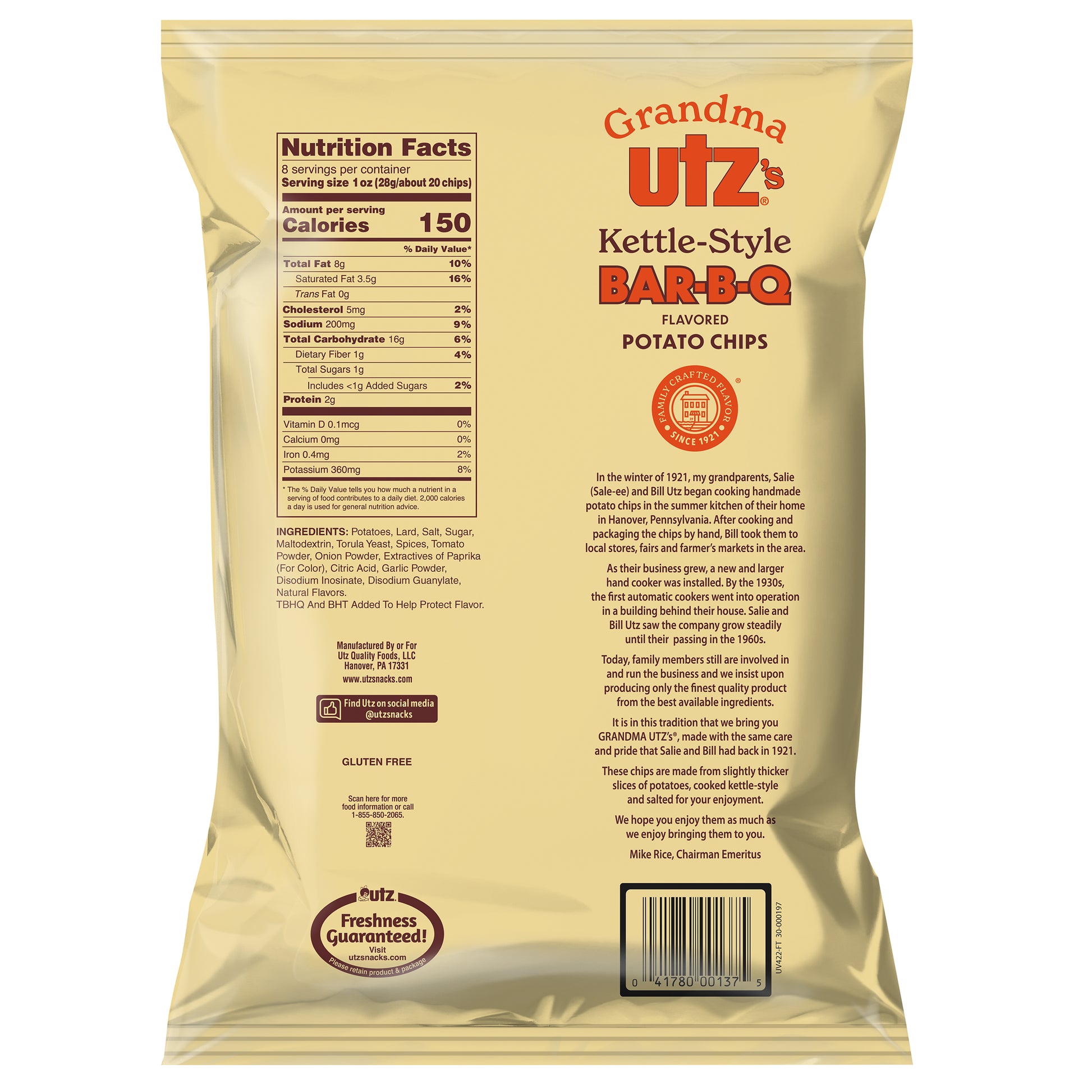 Grandma Utz’s Kettle-Style Bar-B-Q Potato Chips bag back with nutrition facts and description