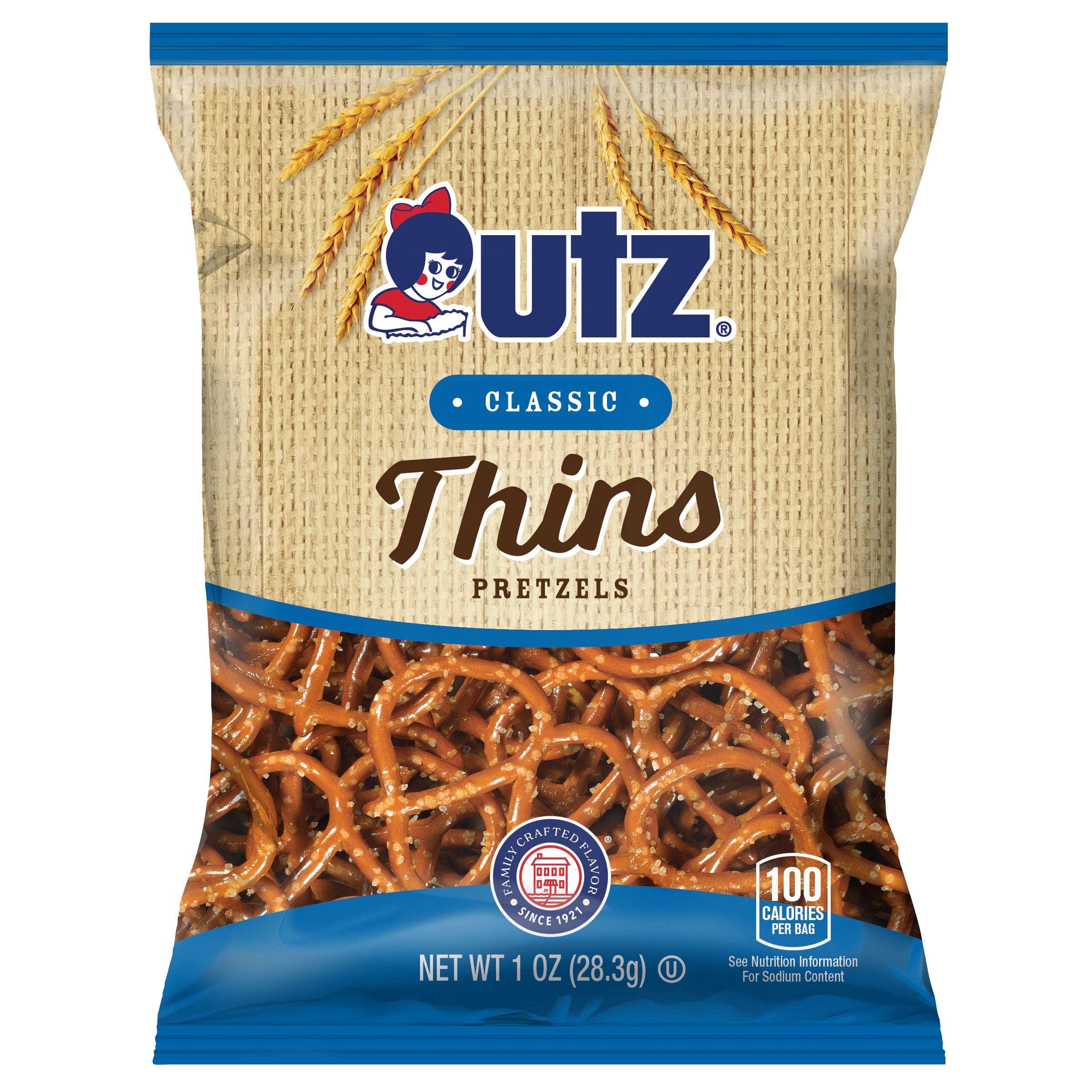 Packaging of Utz Classic Thins Pretzels with branding and product details.