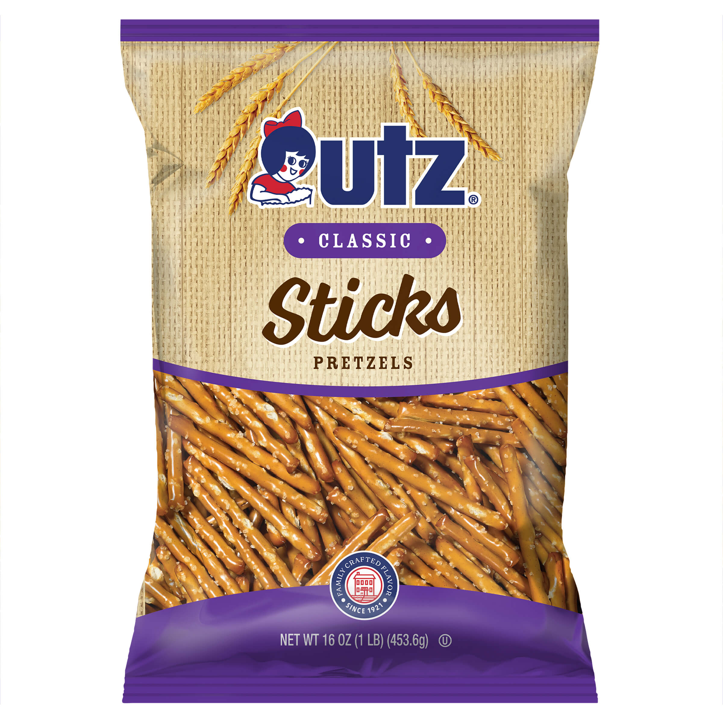 UTZ Classic Sticks Pretzels packaging with a purple border and wheat graphics.