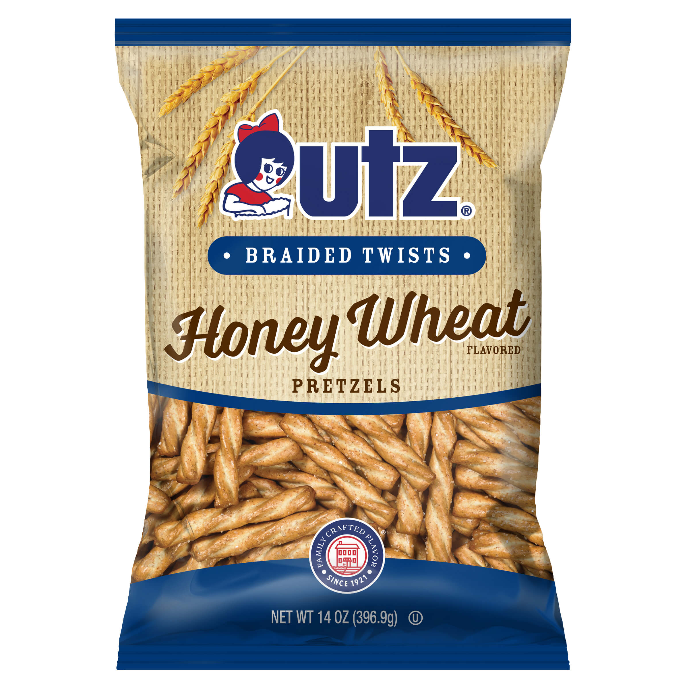 UTZ Braided Twists Honey Wheat Pretzels packaging on a white background