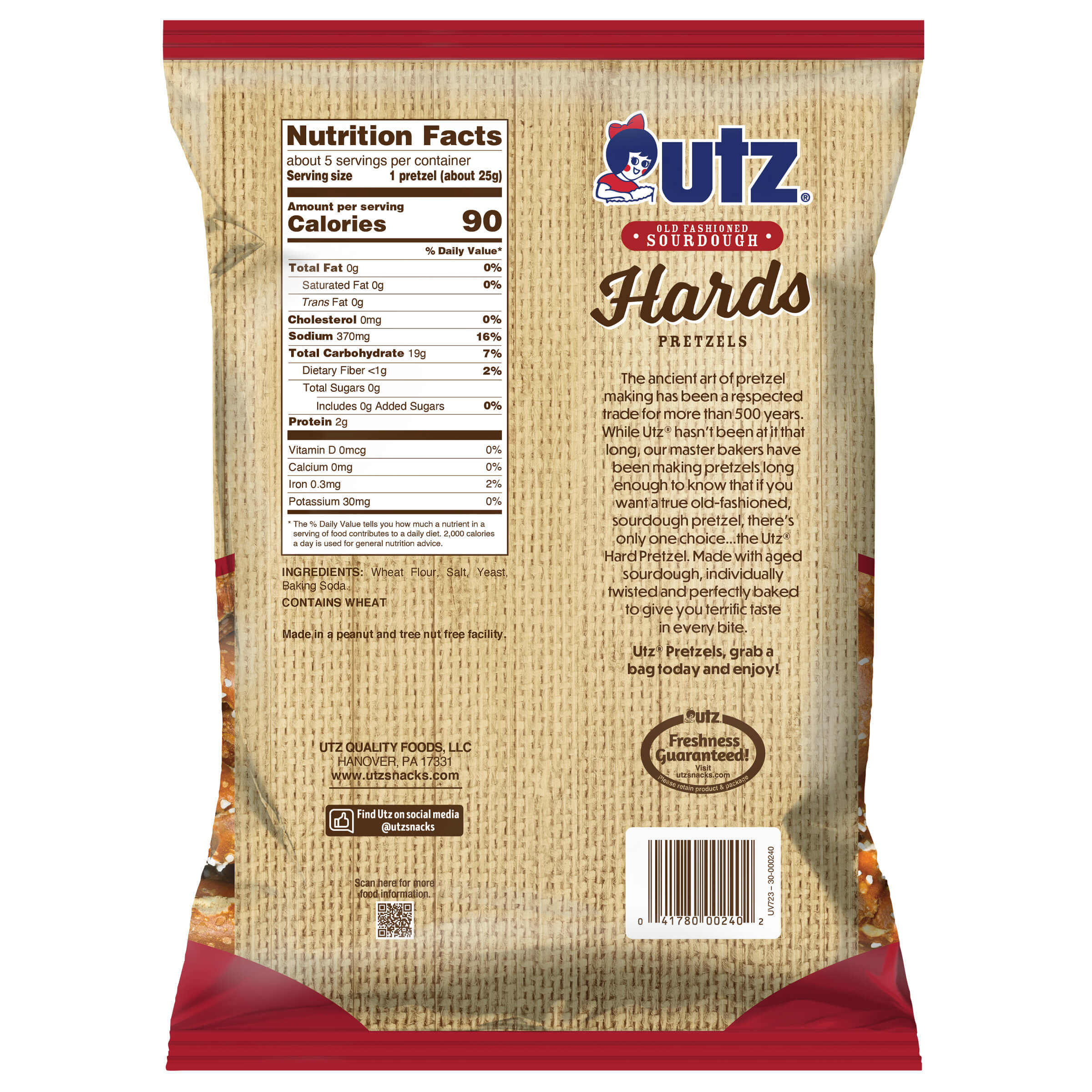 Back view of a bag of Utz Hards Pretzels with nutrition facts and branding.