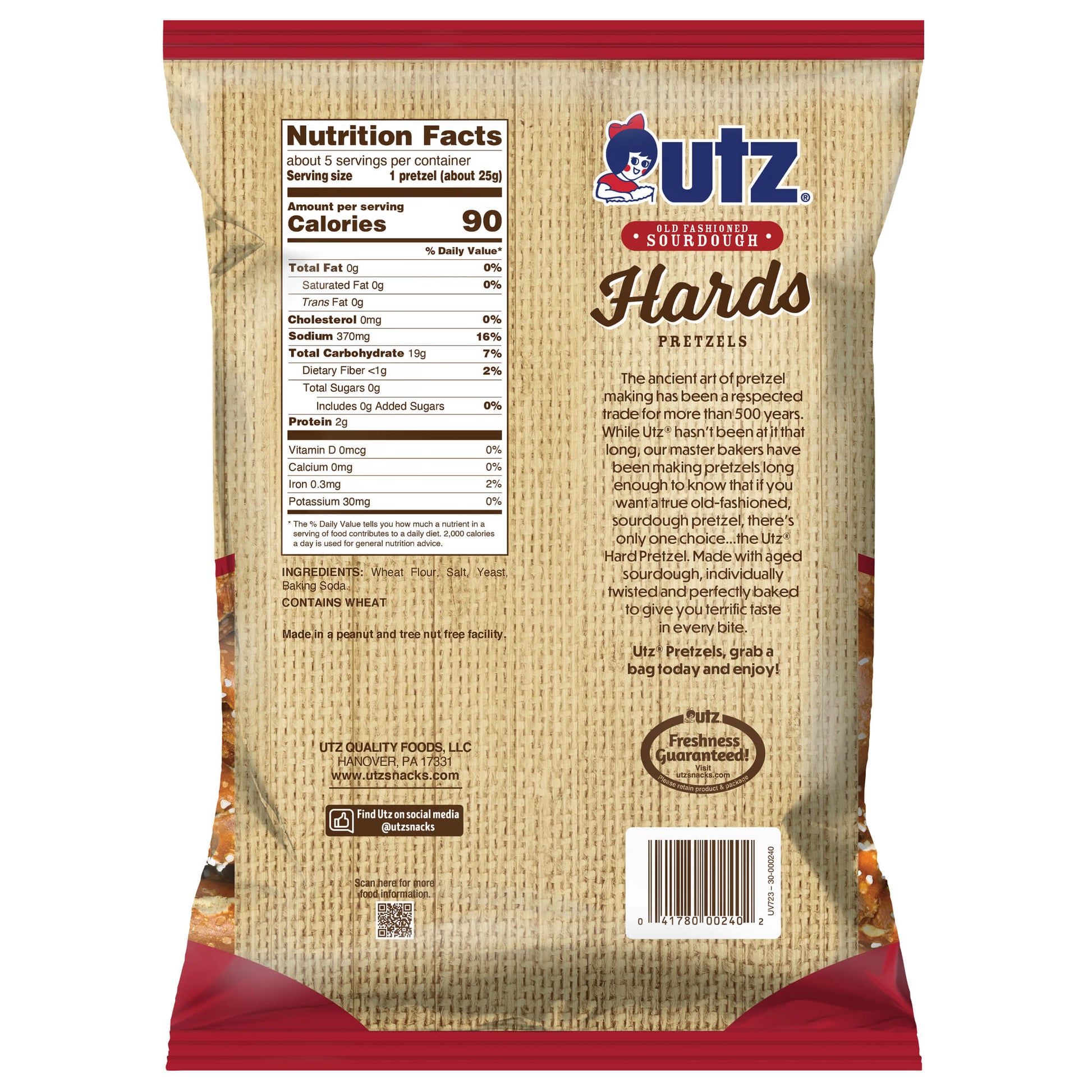 Back view of a bag of Utz Hards Pretzels with nutrition facts and branding.