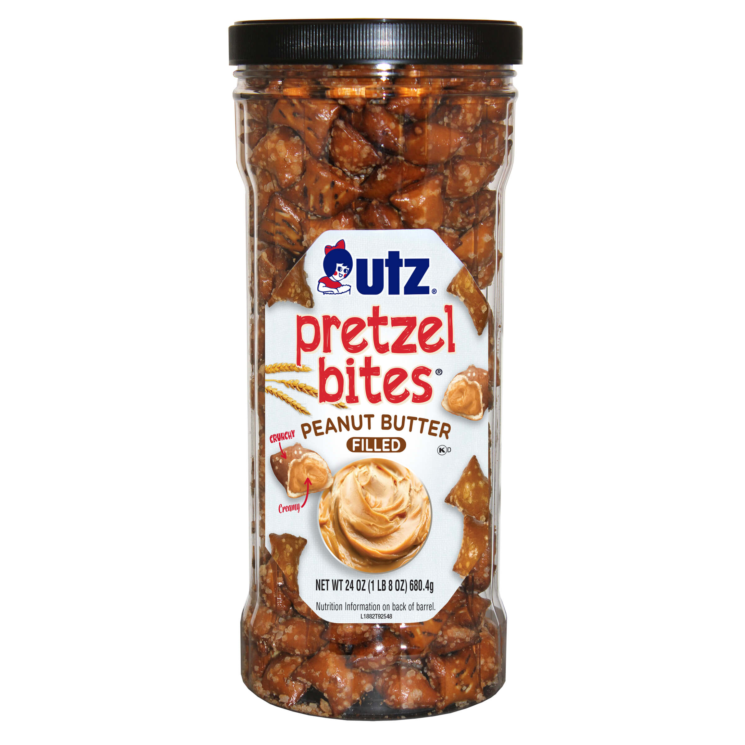 Jar of Utz Pretzel Bites with Peanut Butter Filling on a white background