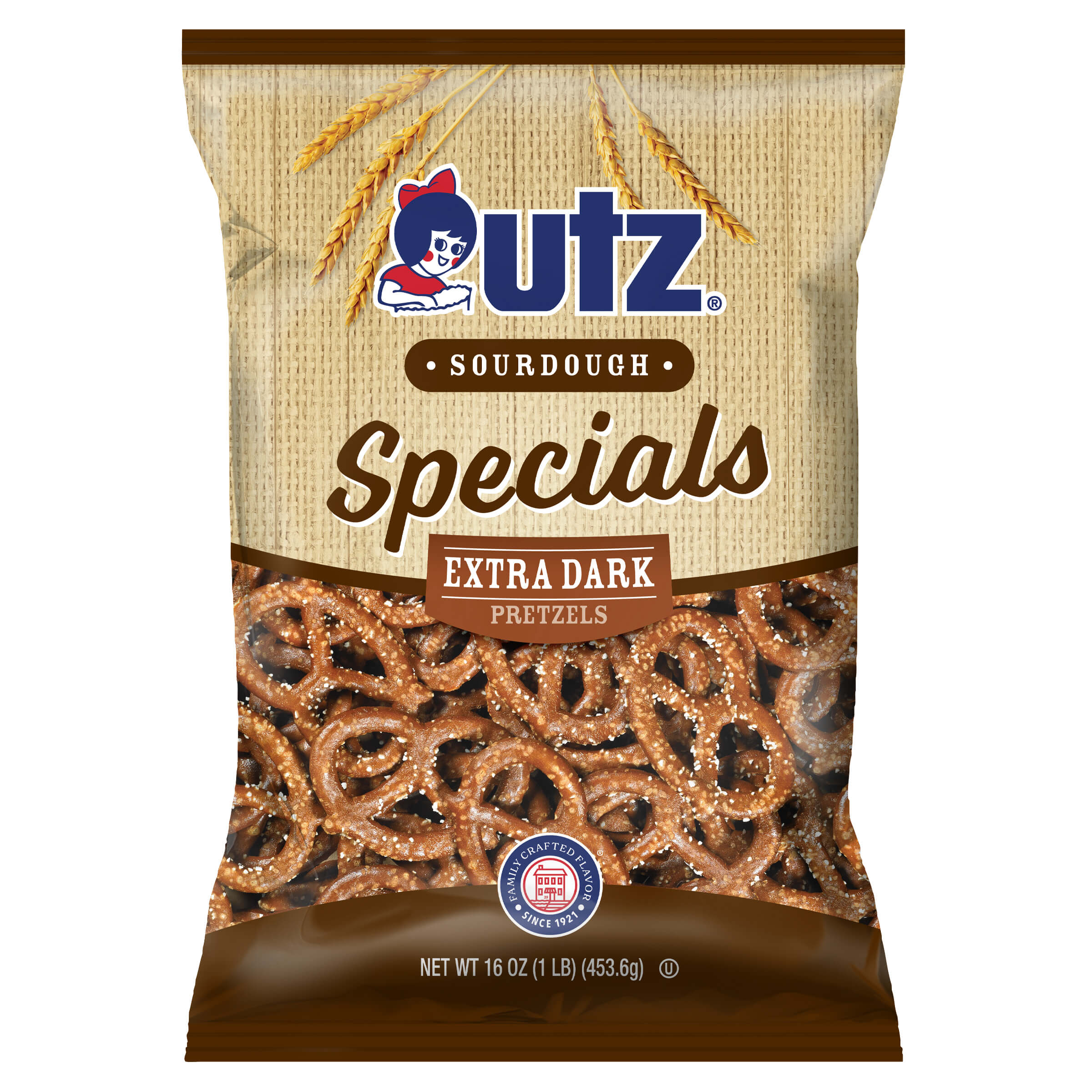 Utz Sourdough Specials Extra Dark Pretzels bag front