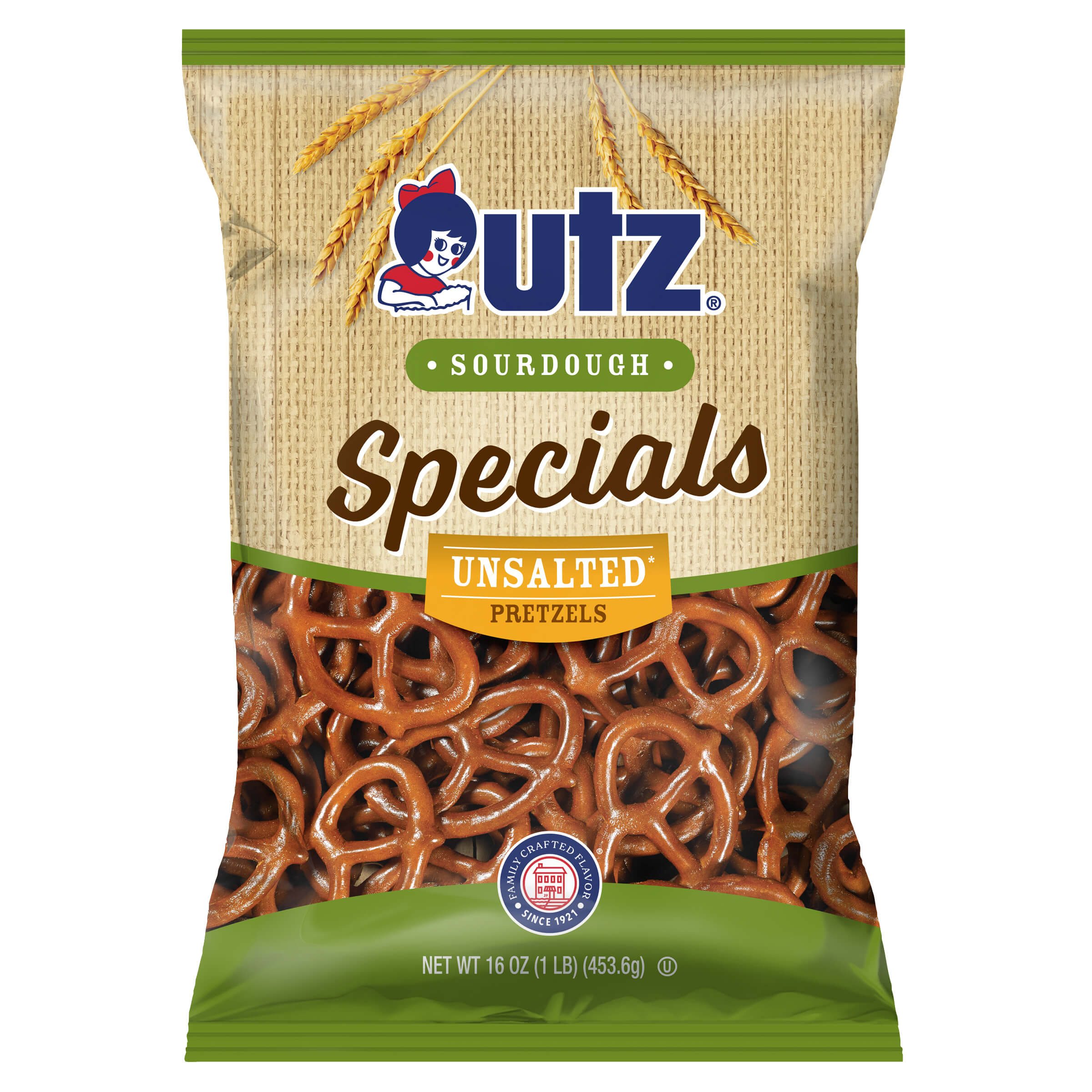 UTZ Sourdough Specials Unsalted Pretzels packaging on a white background
