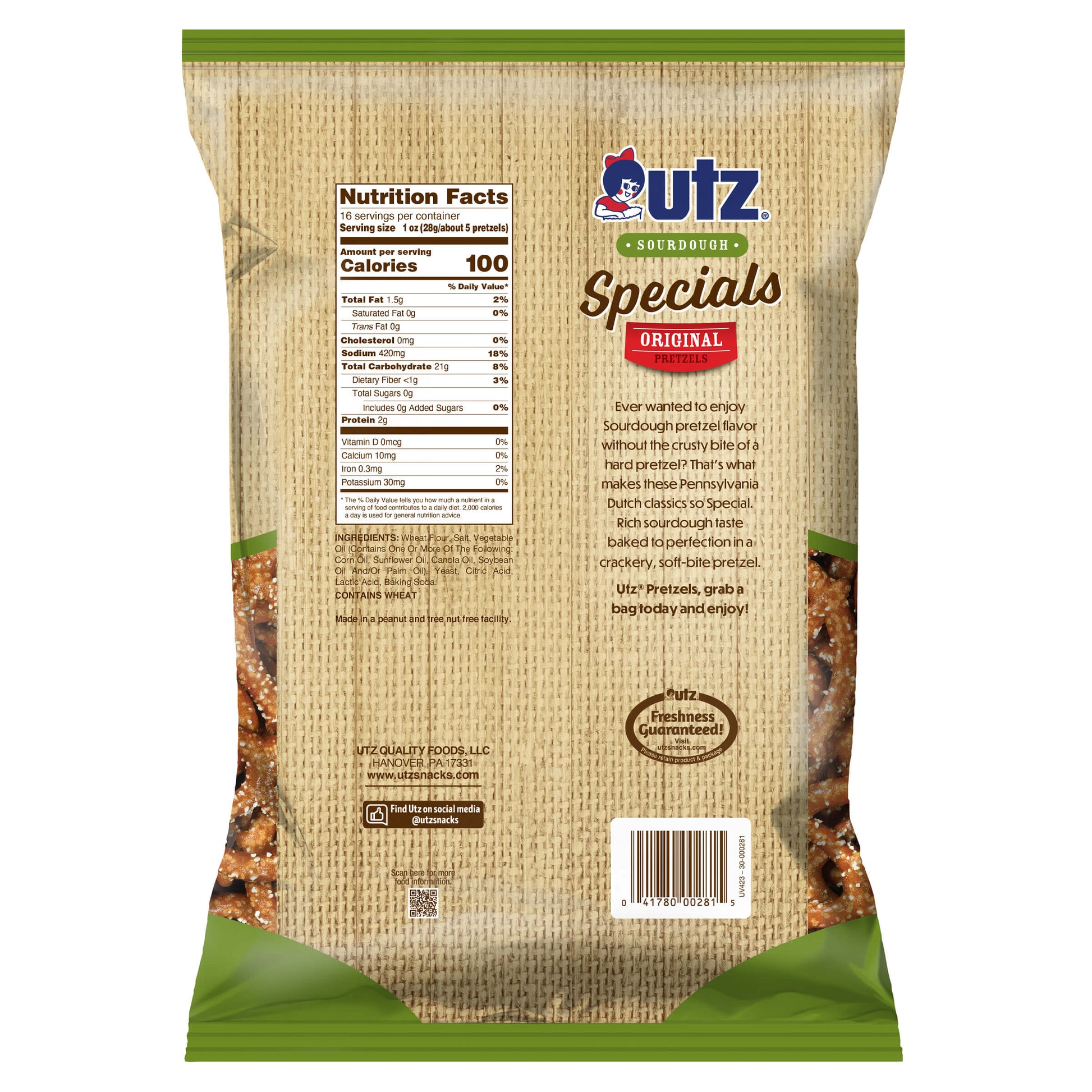 Utz Specials Original pretzel bag with nutrition facts and branding on a white background