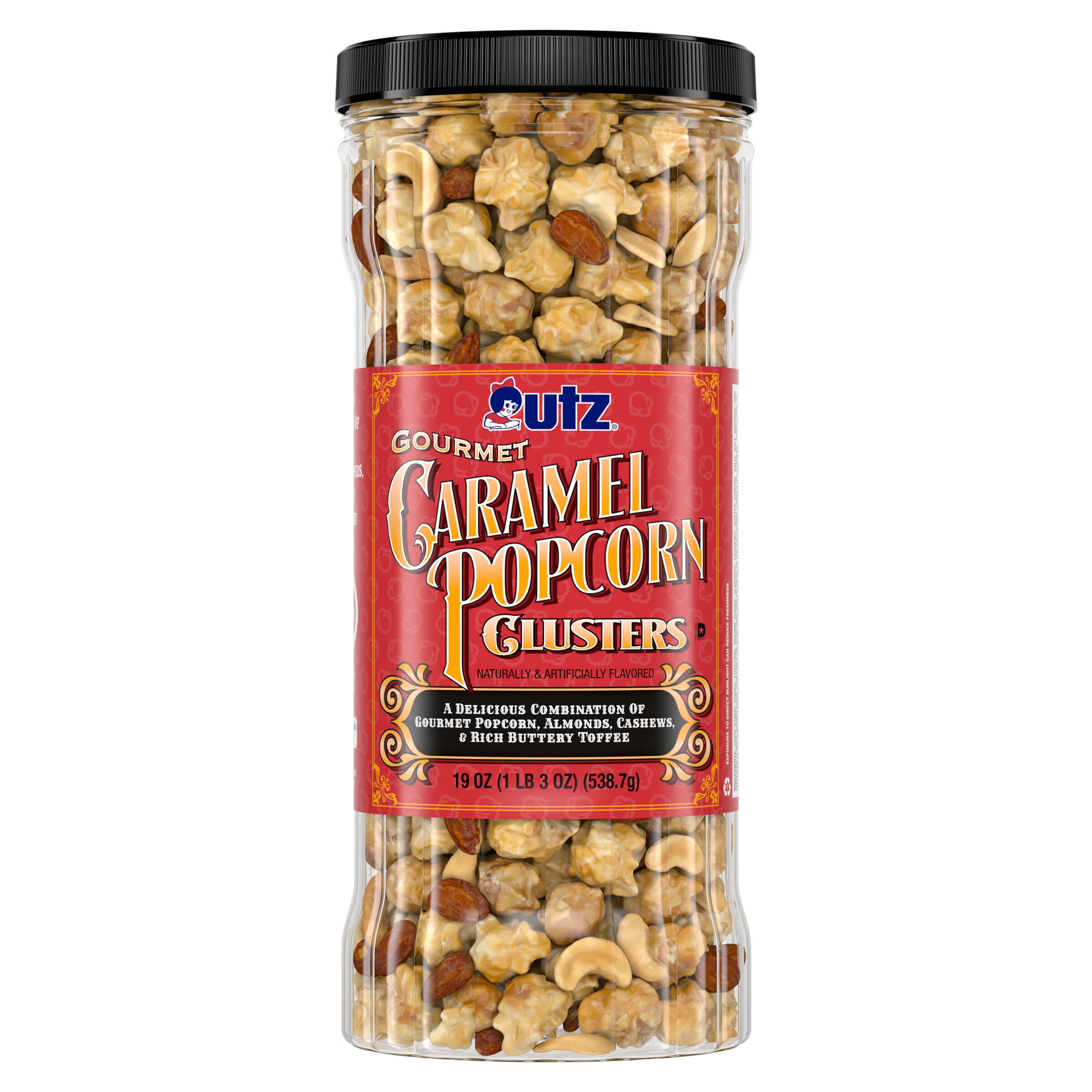Jar of Utz Gourmet Caramel Popcorn Glusters on a white background