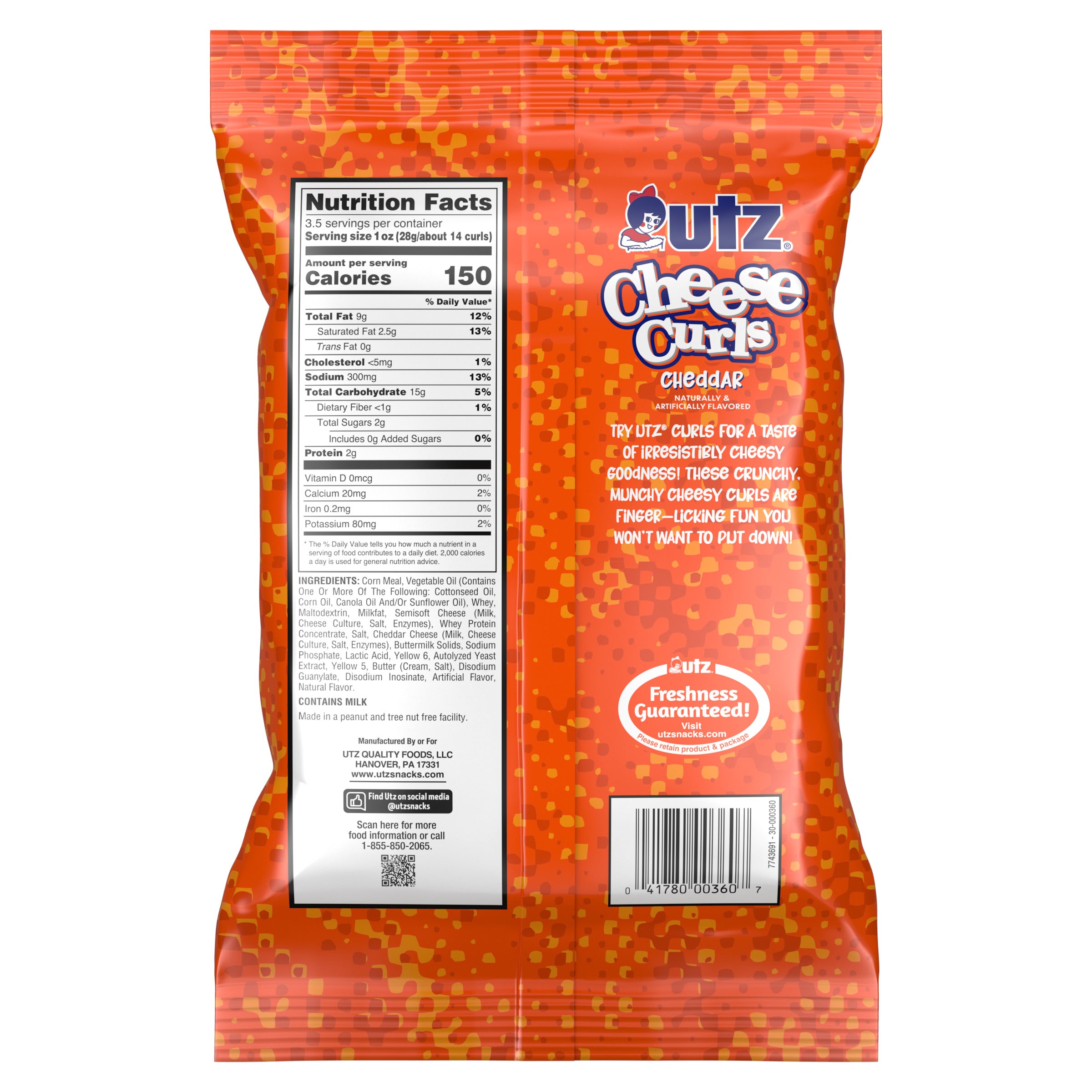 Back view of a bag of Utz Cheese Curls with nutritional information and branding.