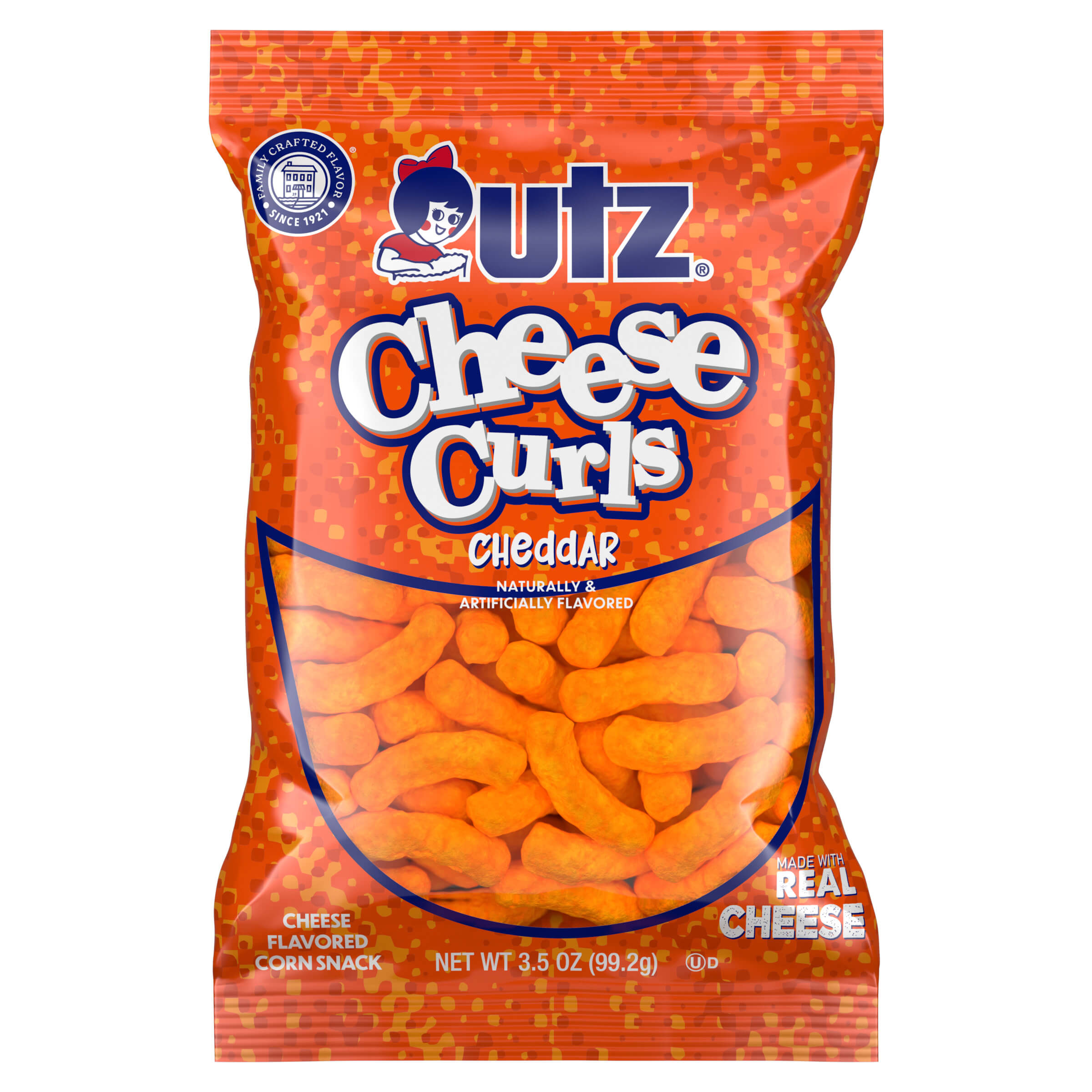 Packaged snack of Utz Cheese Curls Cheddar on a white background
