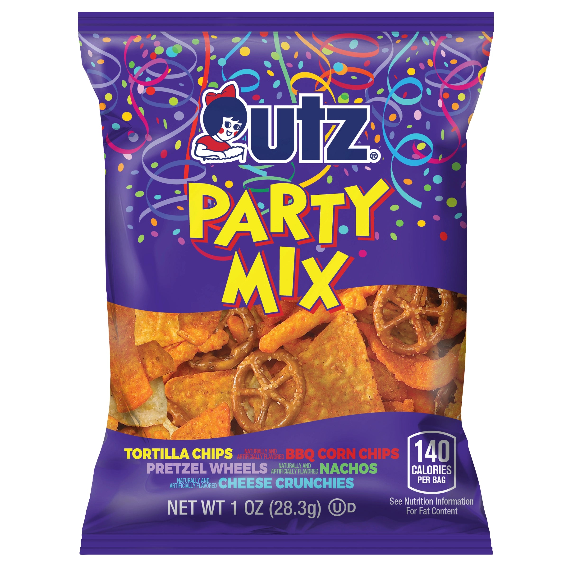 utz Party Mix snack bag with colorful design on a white background