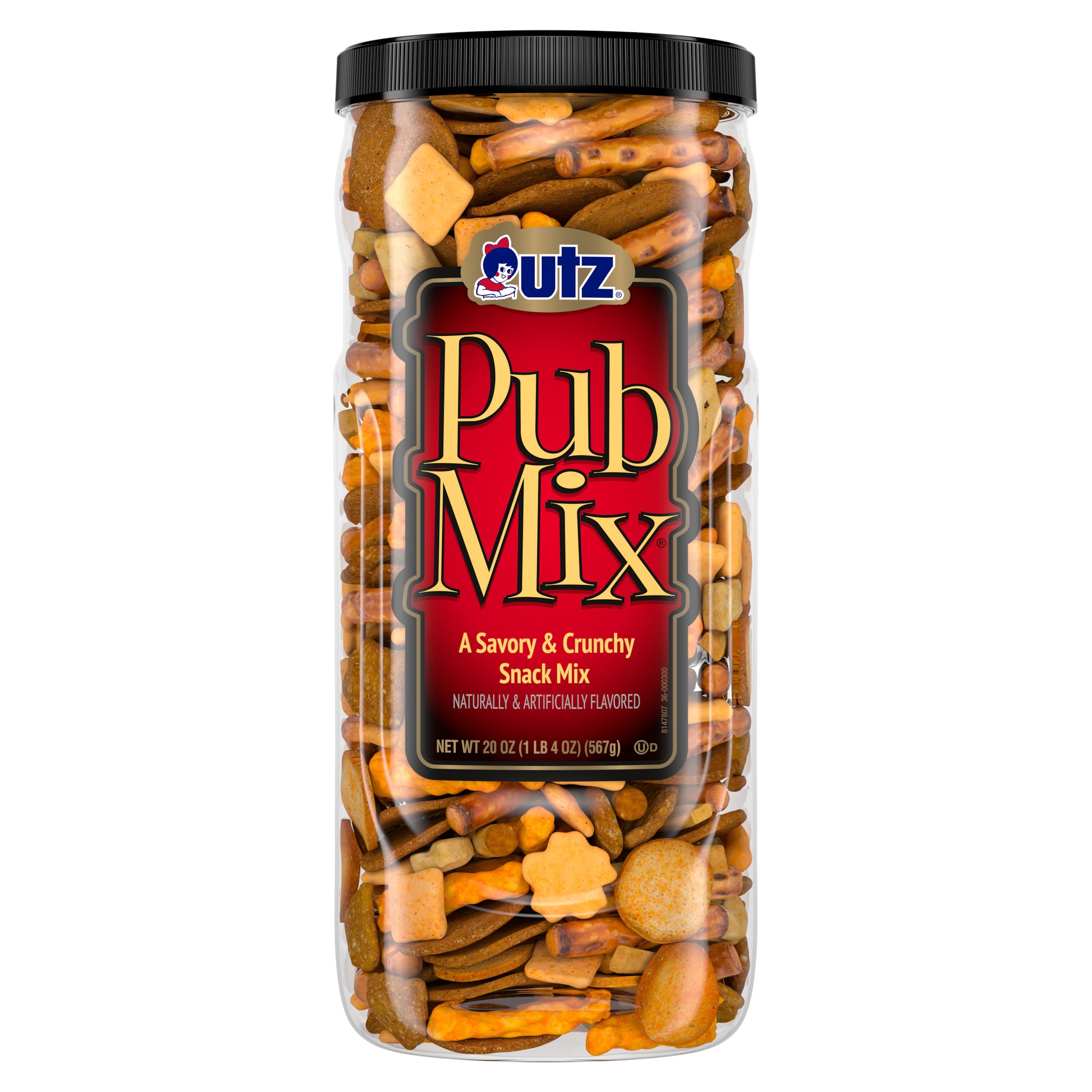 Jar of Utz Pub Mix snack mix on a white background
