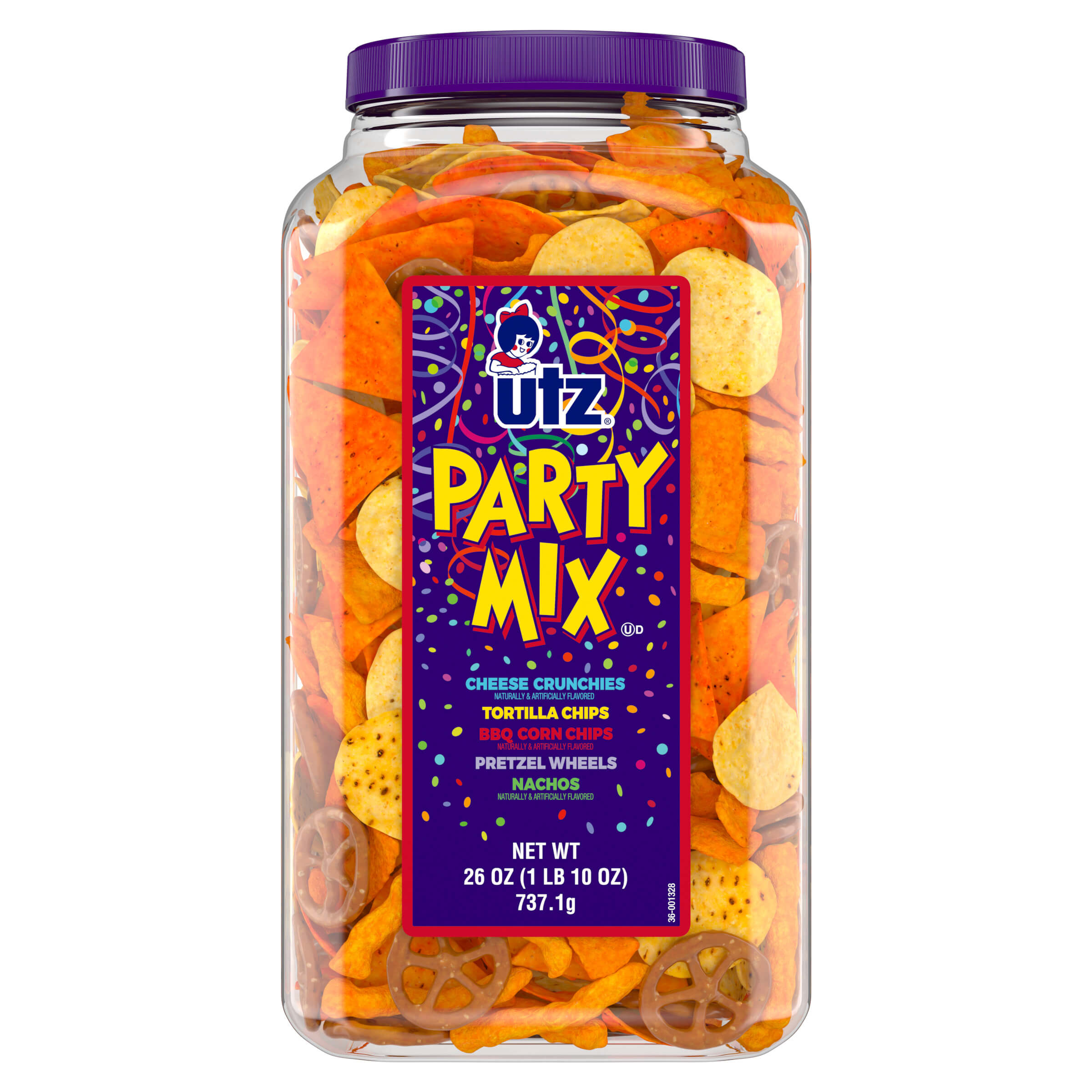 Jar of Utz Party Mix with a purple label on a white background