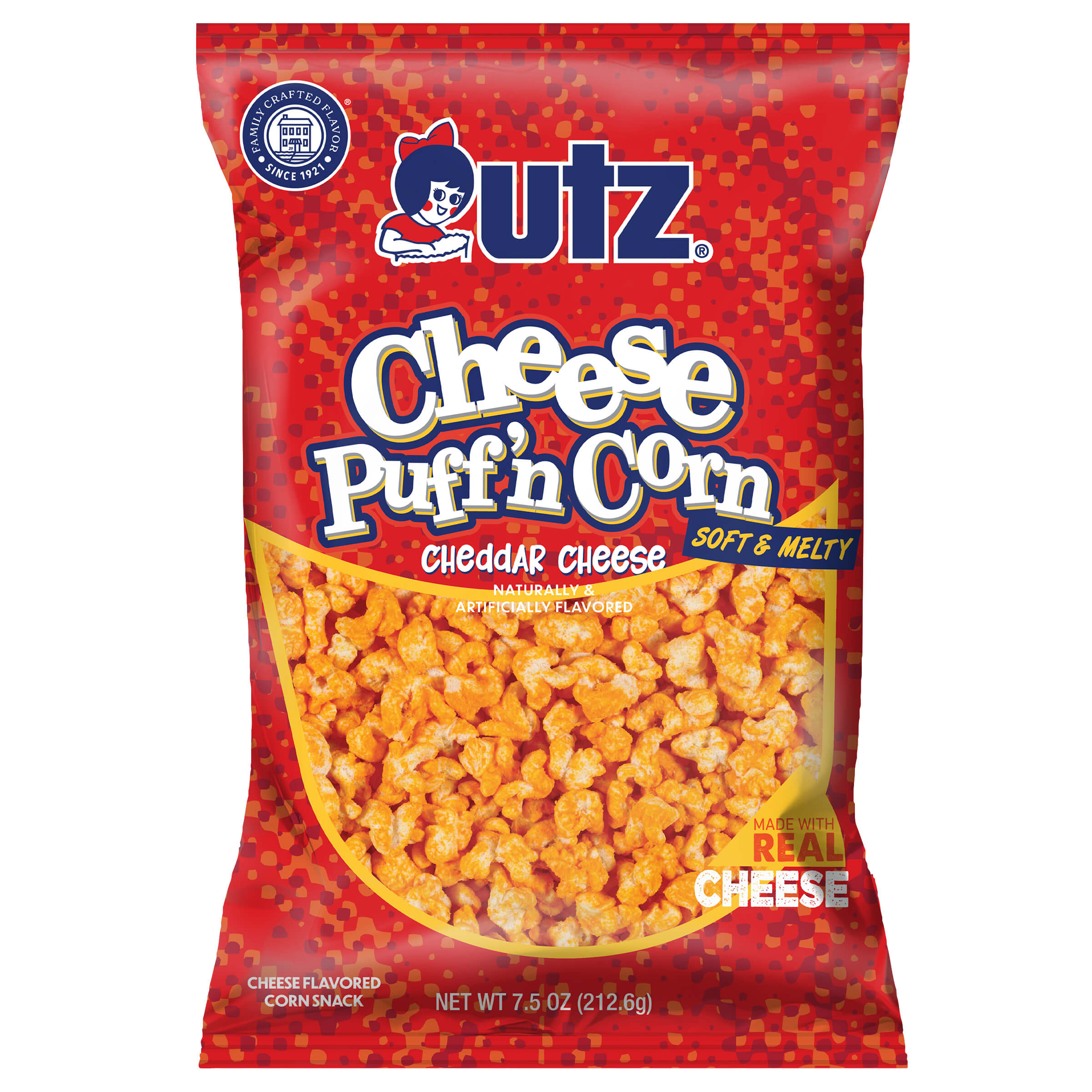 Bag of Utz Cheese Puff 'n Corn Ceddar Cheese on a white background