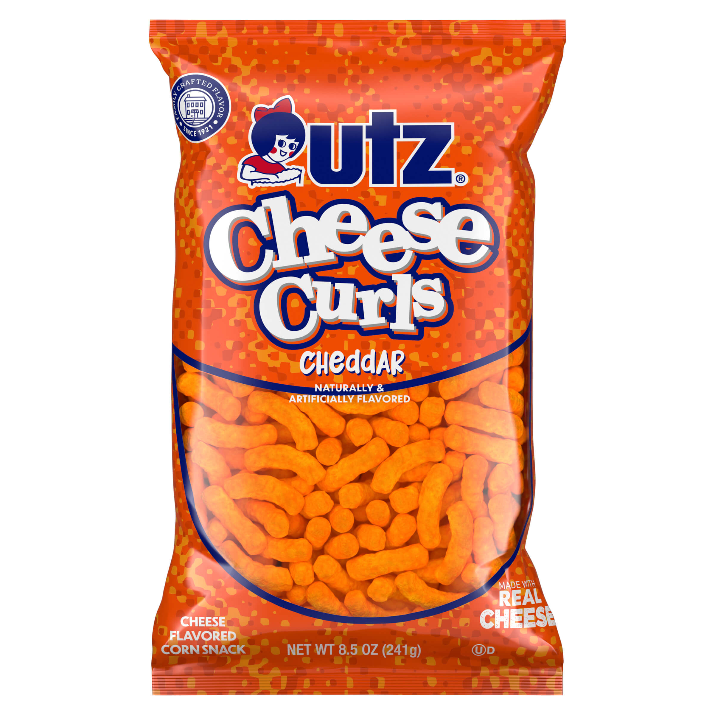 Package of Outz Cheese Curls Cheddar flavor on a white background