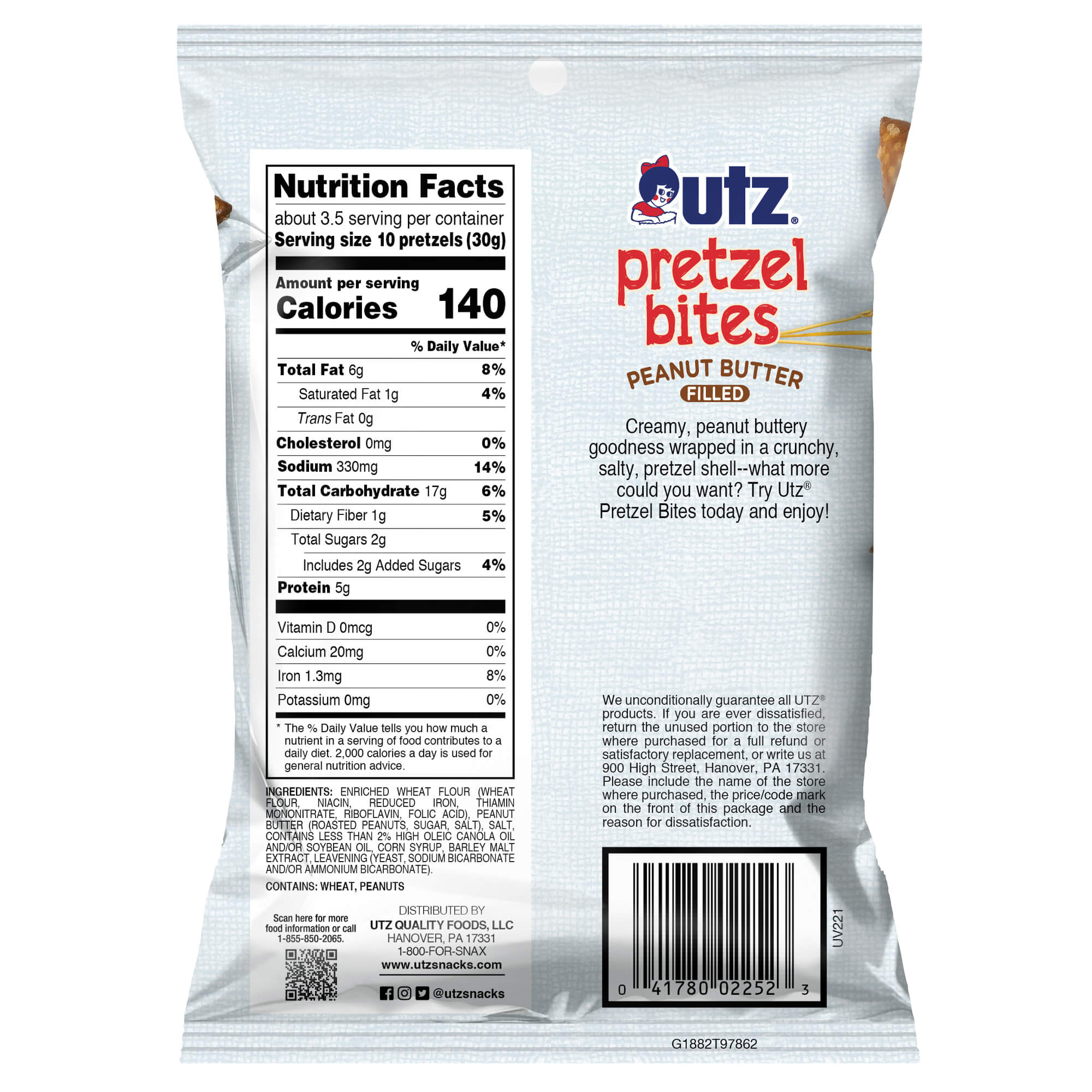 Package of Utz Pretzel Bites Peanut Butter flavor on a white background
