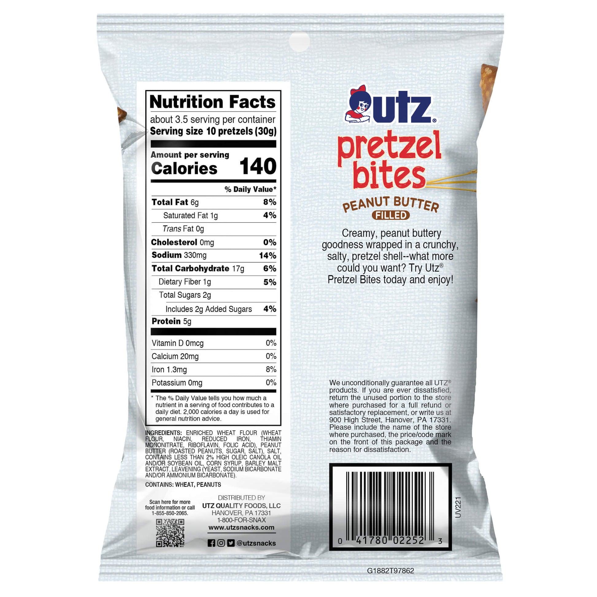 Package of Utz Pretzel Bites Peanut Butter flavor on a white background
