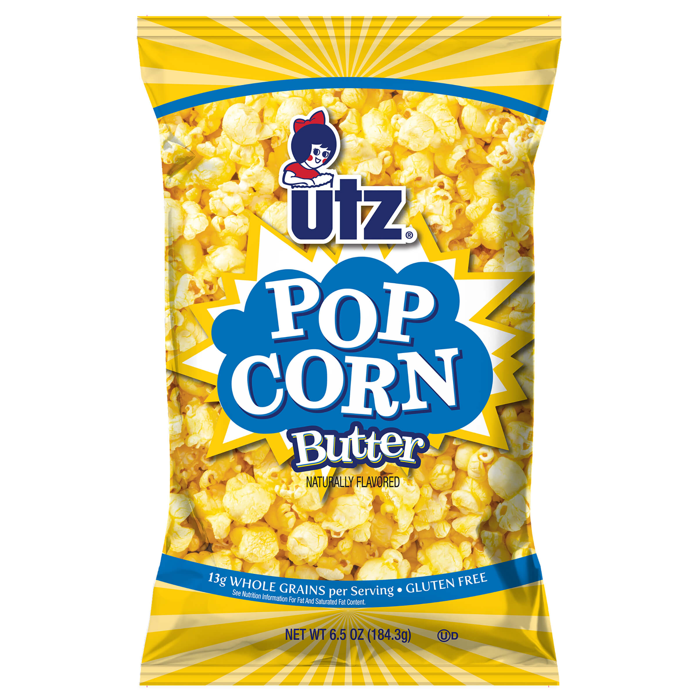 Utz Pop Corn Butter snack bag on a white background