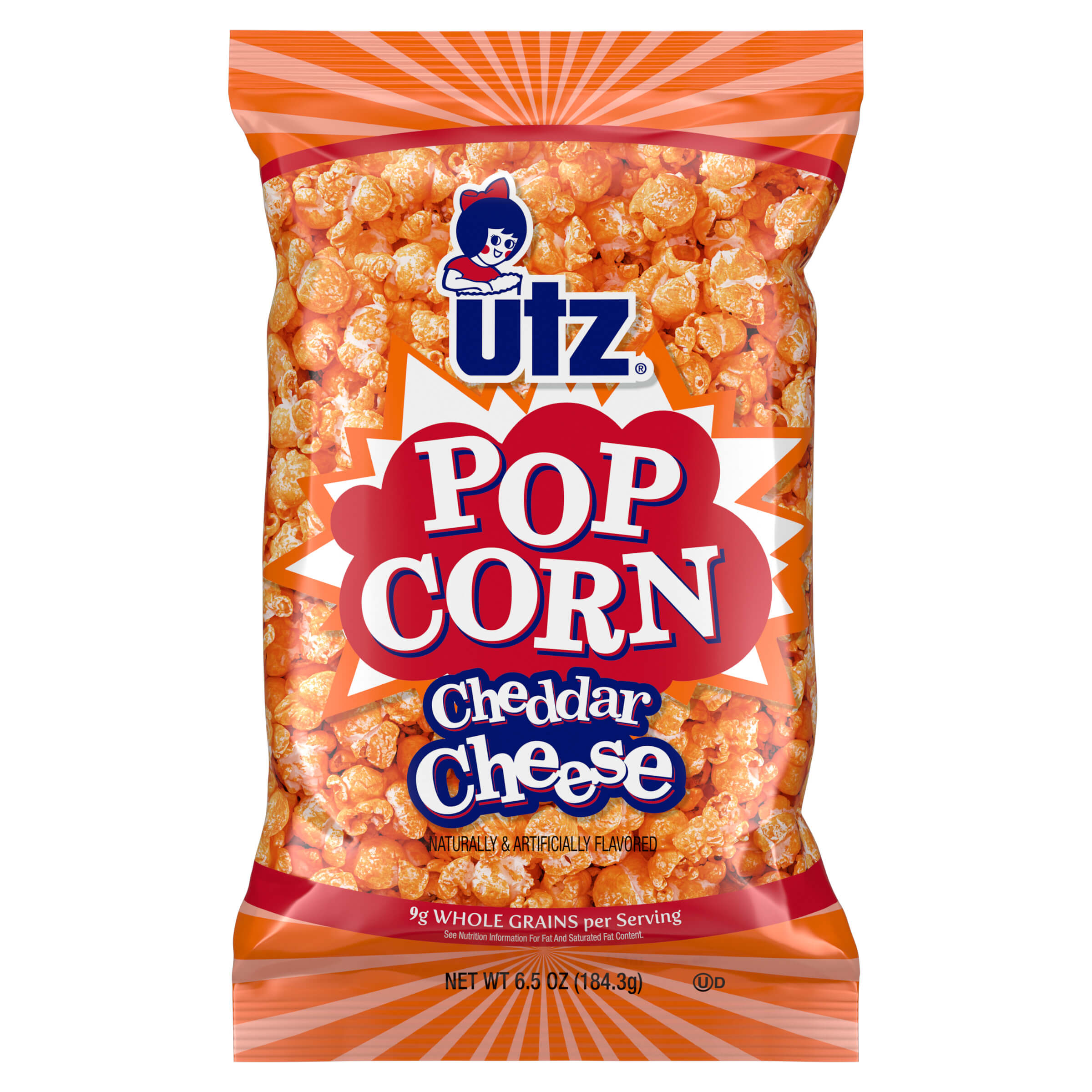 Utz Cheddar Cheese popcorn bag on a white background