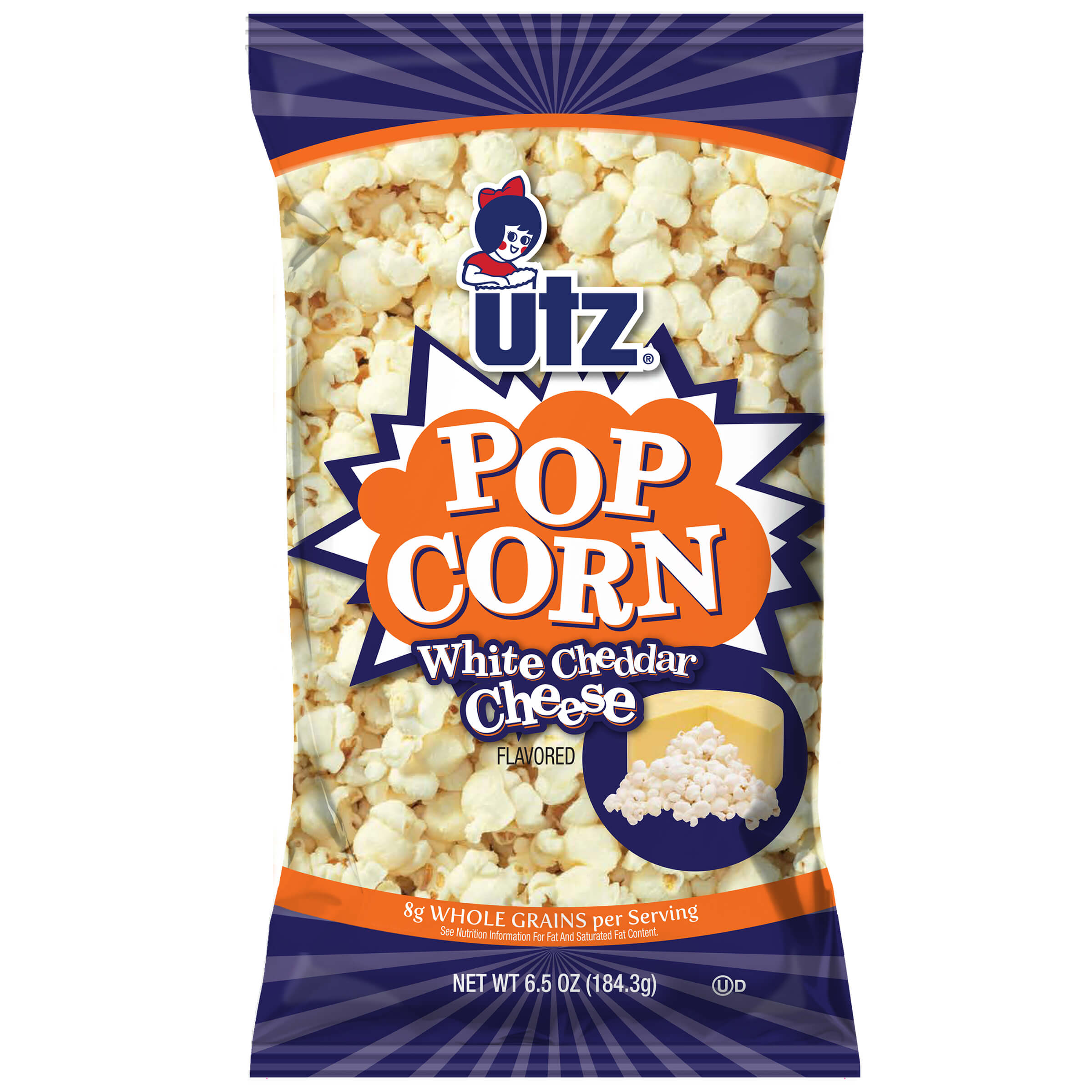 Utz Pop Corn White Cheddar Cheese flavor packaging on a white background