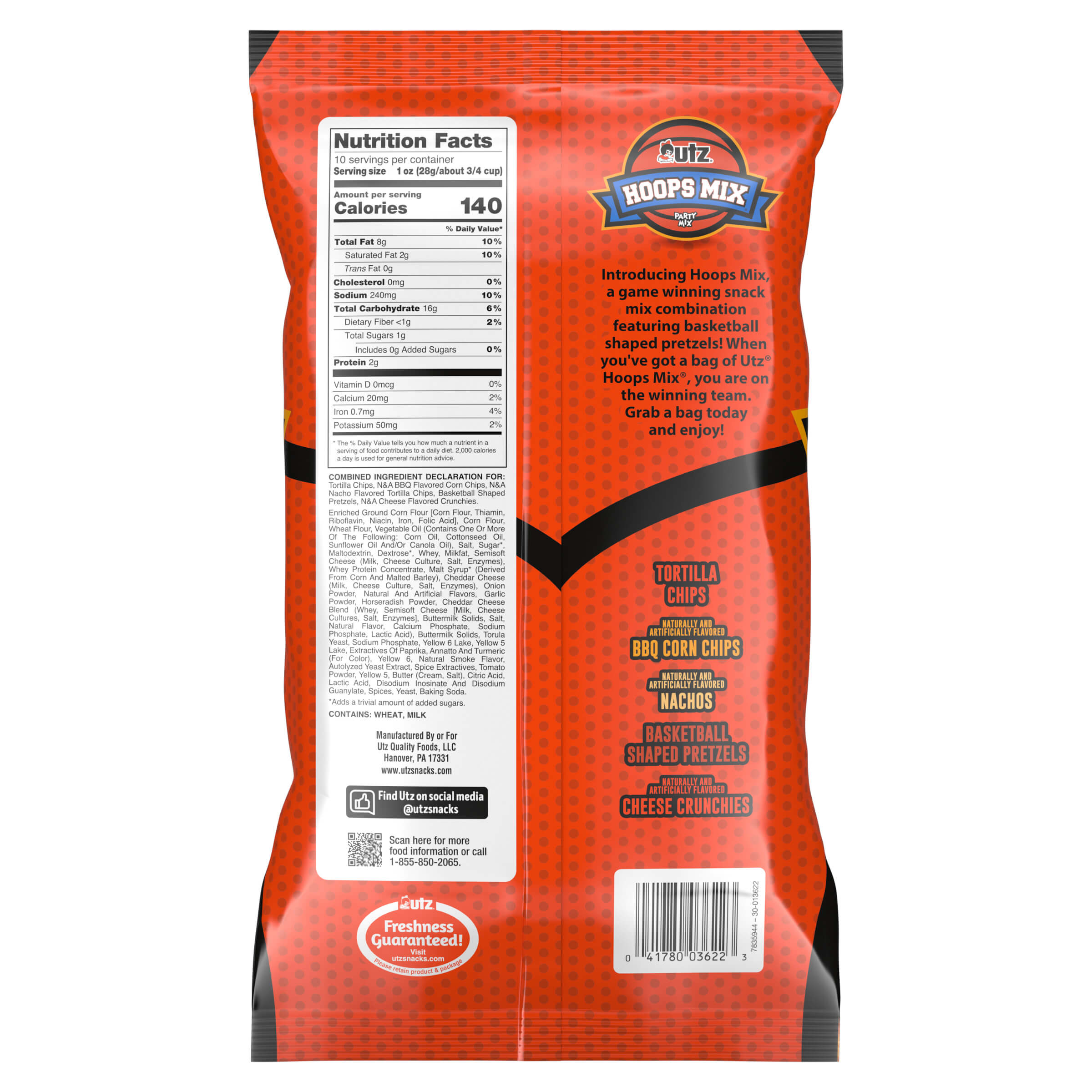 Orange snack mix package with nutrition facts label on a white background