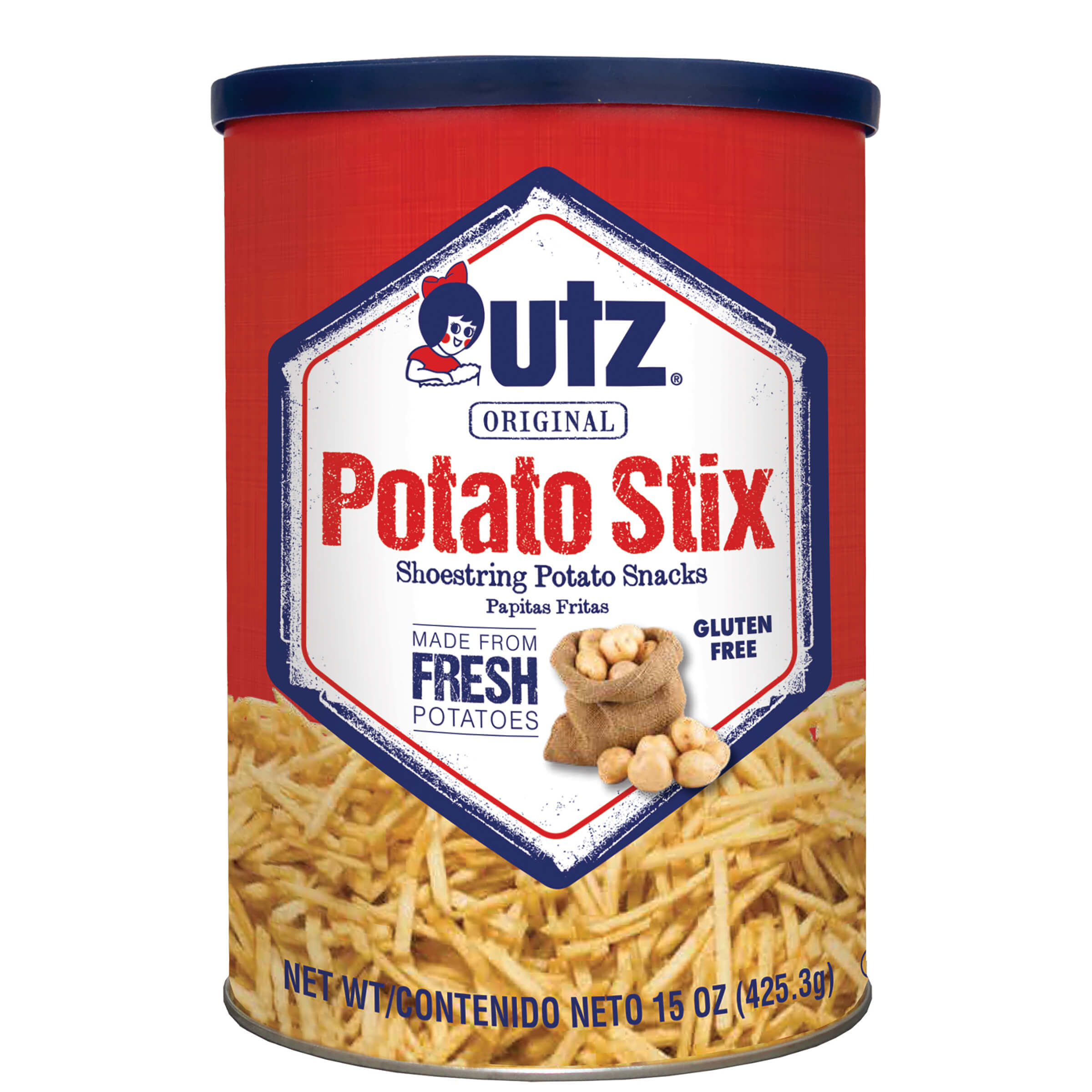 Can of Utz Potato Stix on a white background