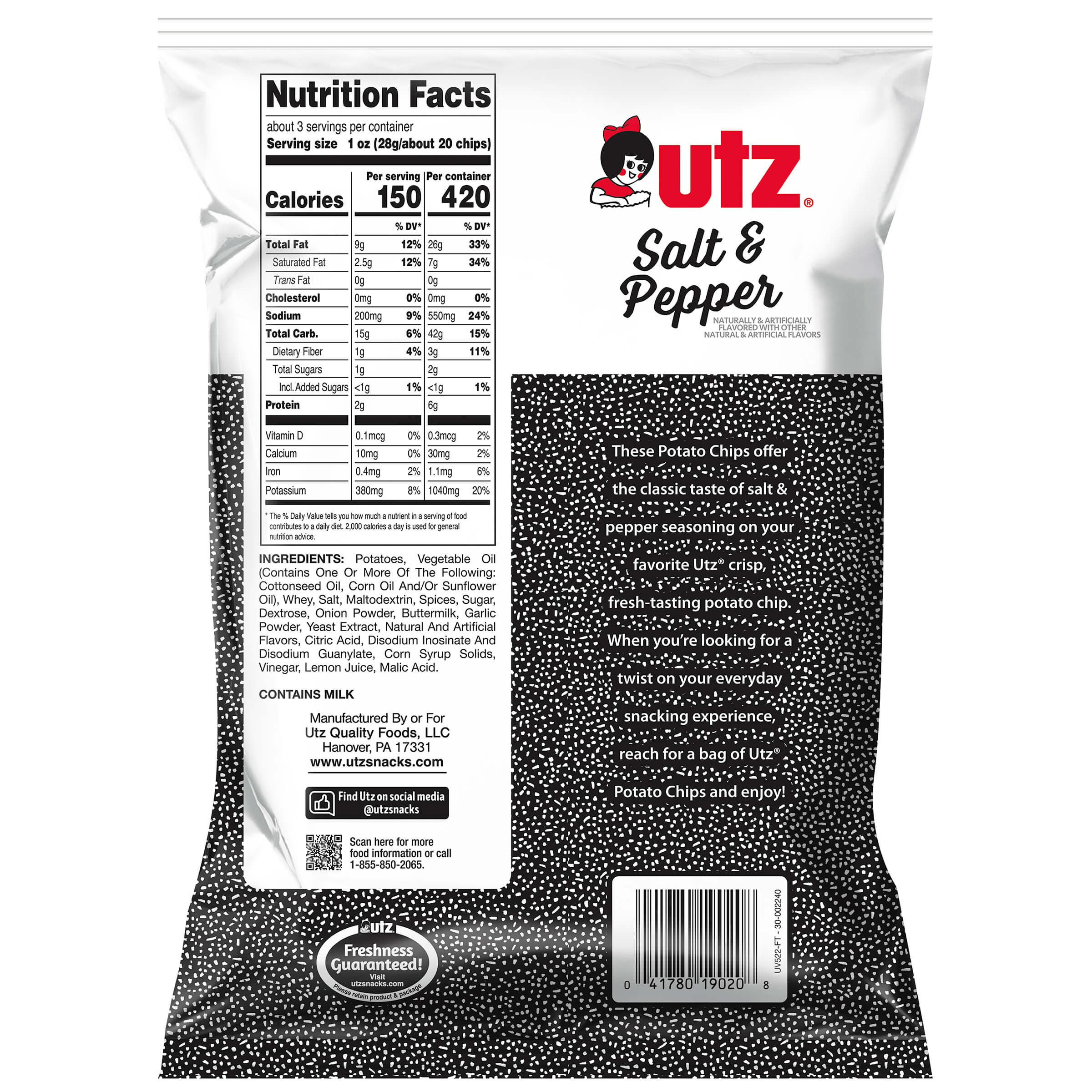 Back view of a Utz Salt & Pepper potato chip bag with nutritional information and branding.