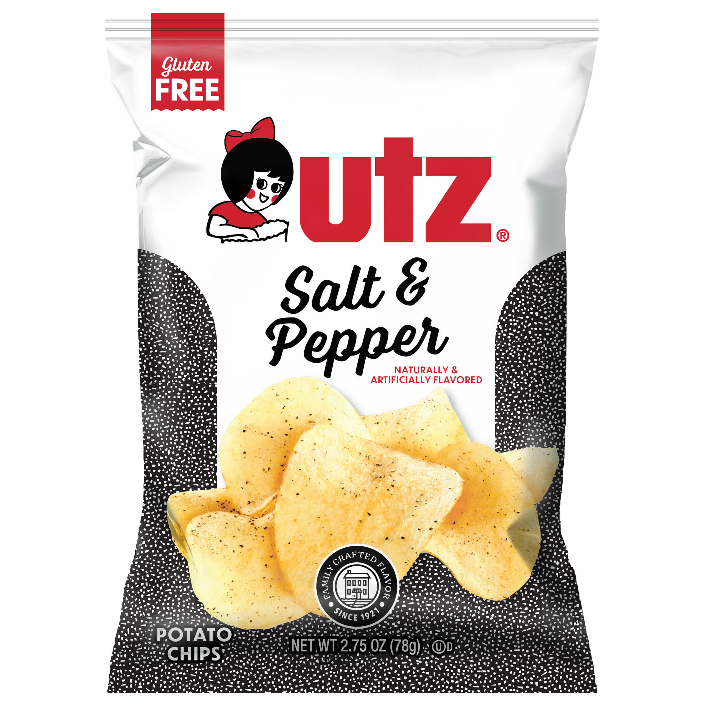 Bag of Utz Salt & Pepper potato chips with brand logo and flavor text on a white background