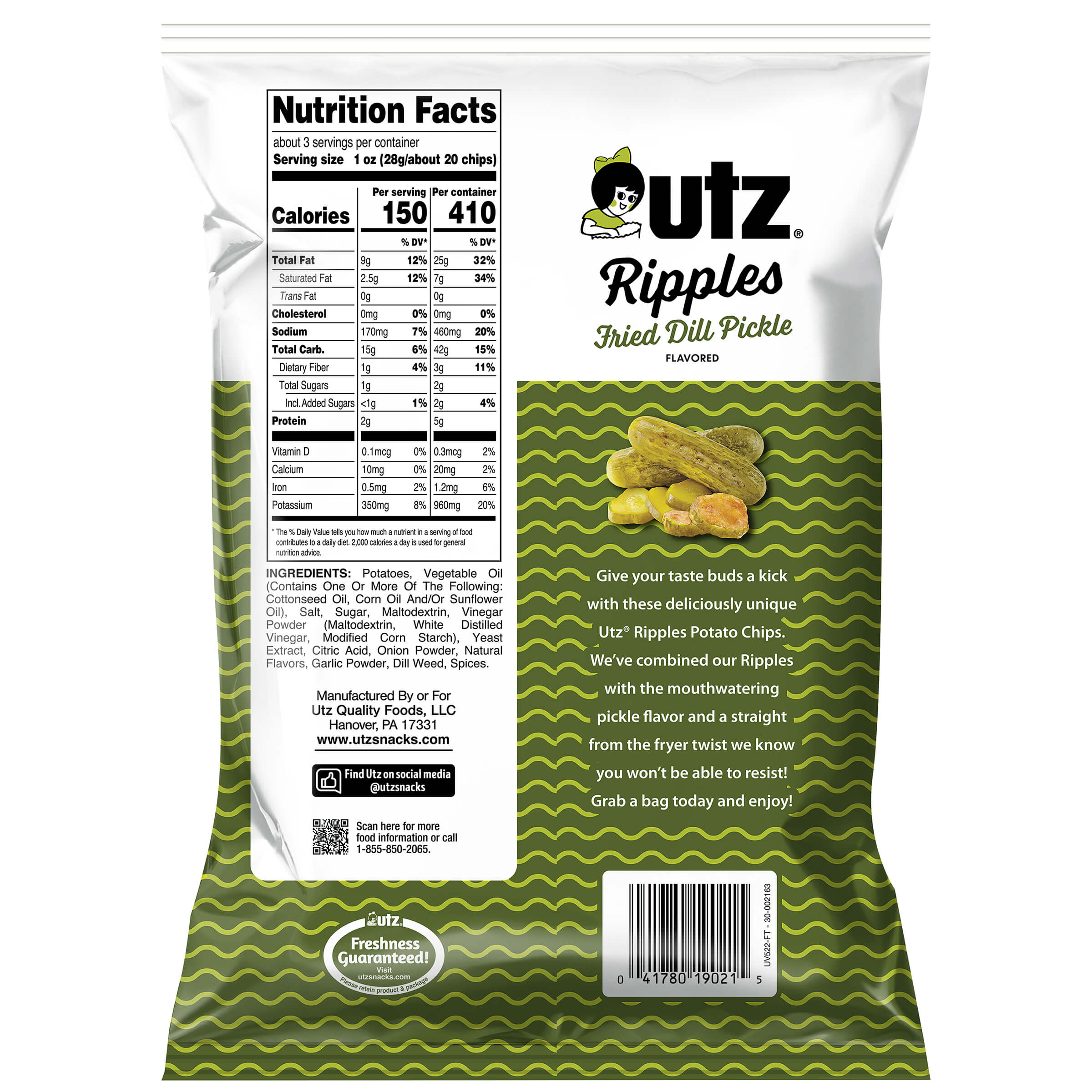 Outz Ripples Fried Dill Pickle flavored potato chips packaging with nutrition facts and ingredients list.