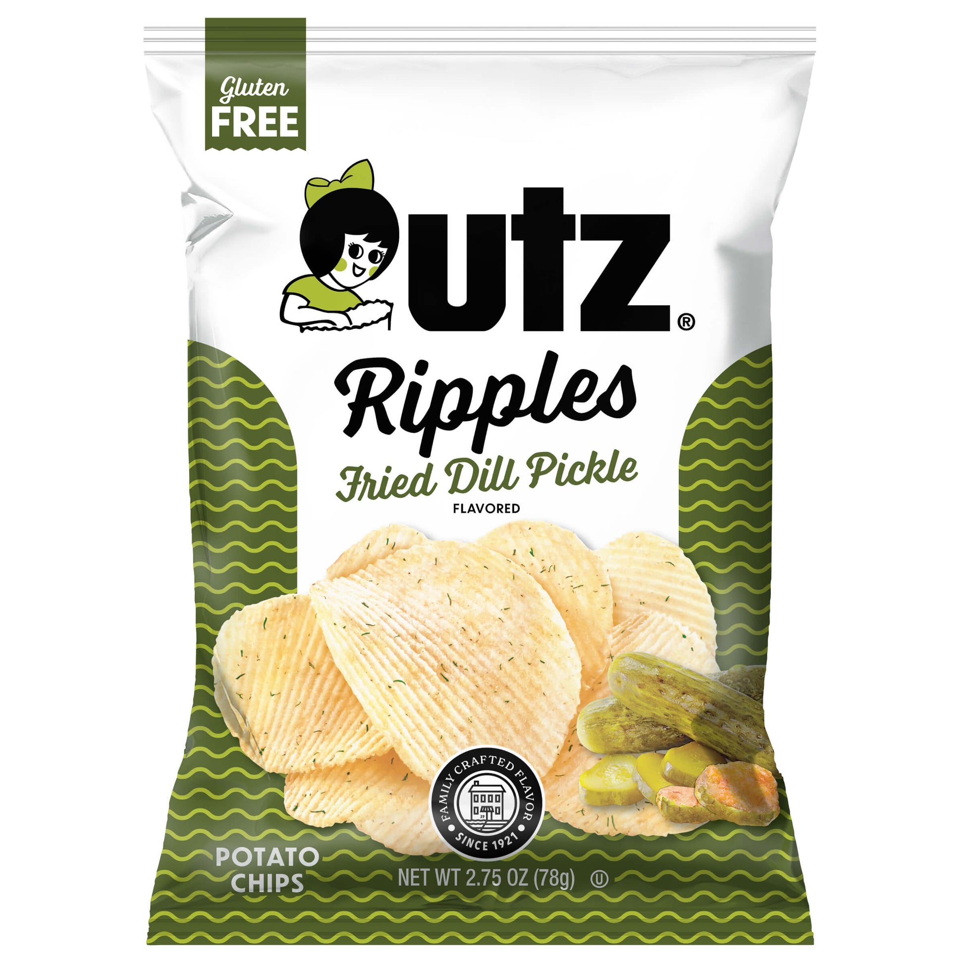Outz Ripples Fried Dill Pickle flavored potato chips packaging on a white background