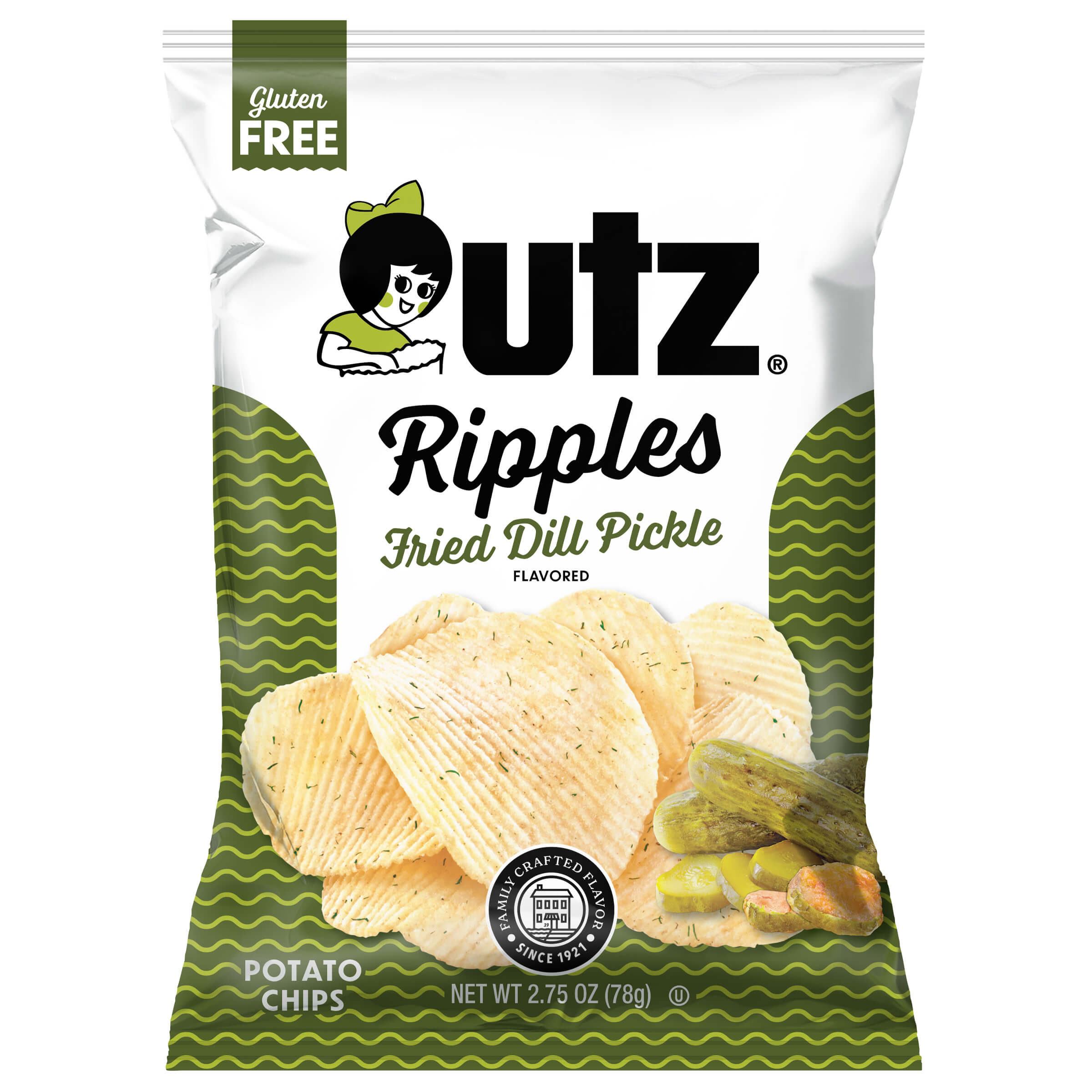 Outz Ripples Fried Dill Pickle flavored potato chips packaging on a white background