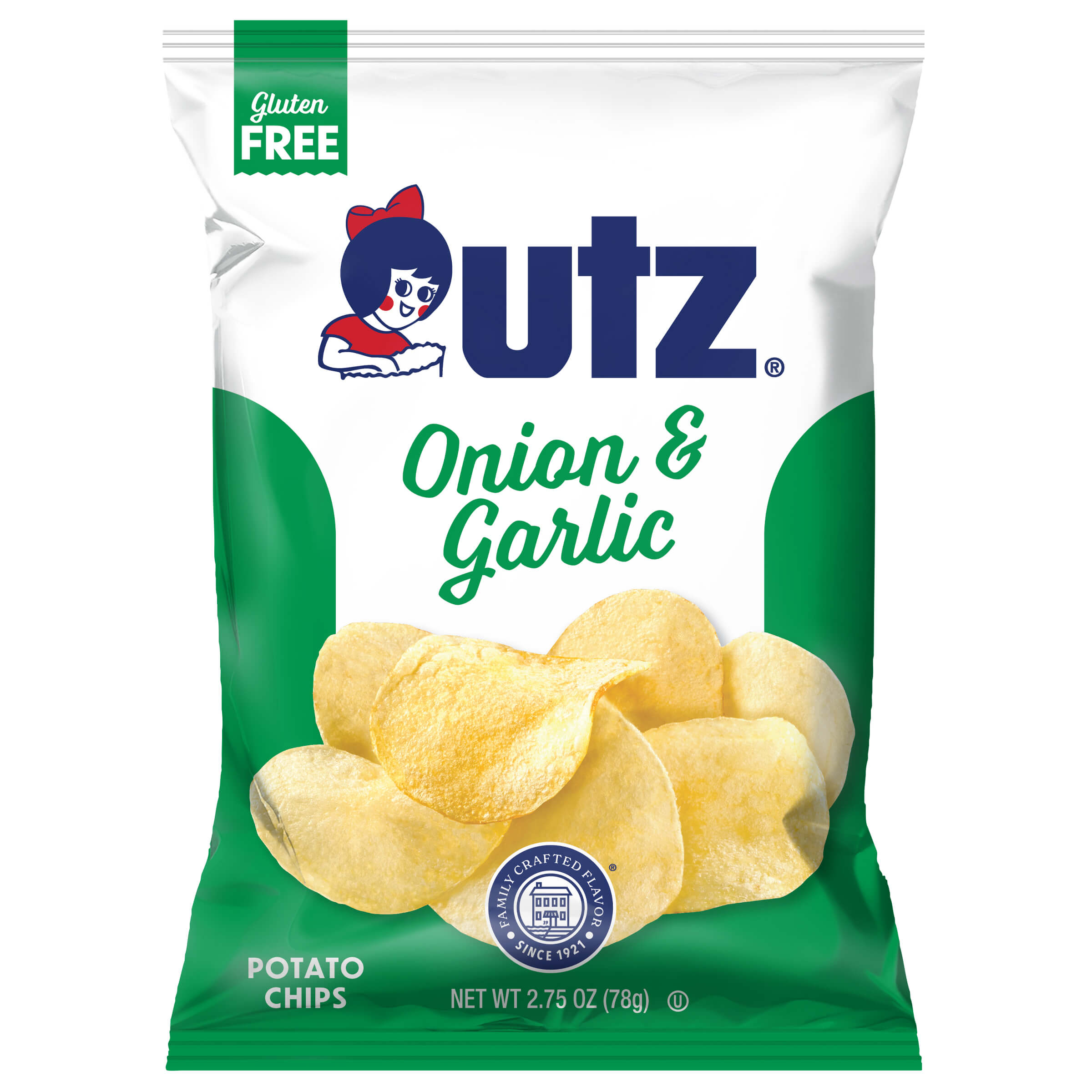 Outz Onion & Garlic potato chips packaging on a white background