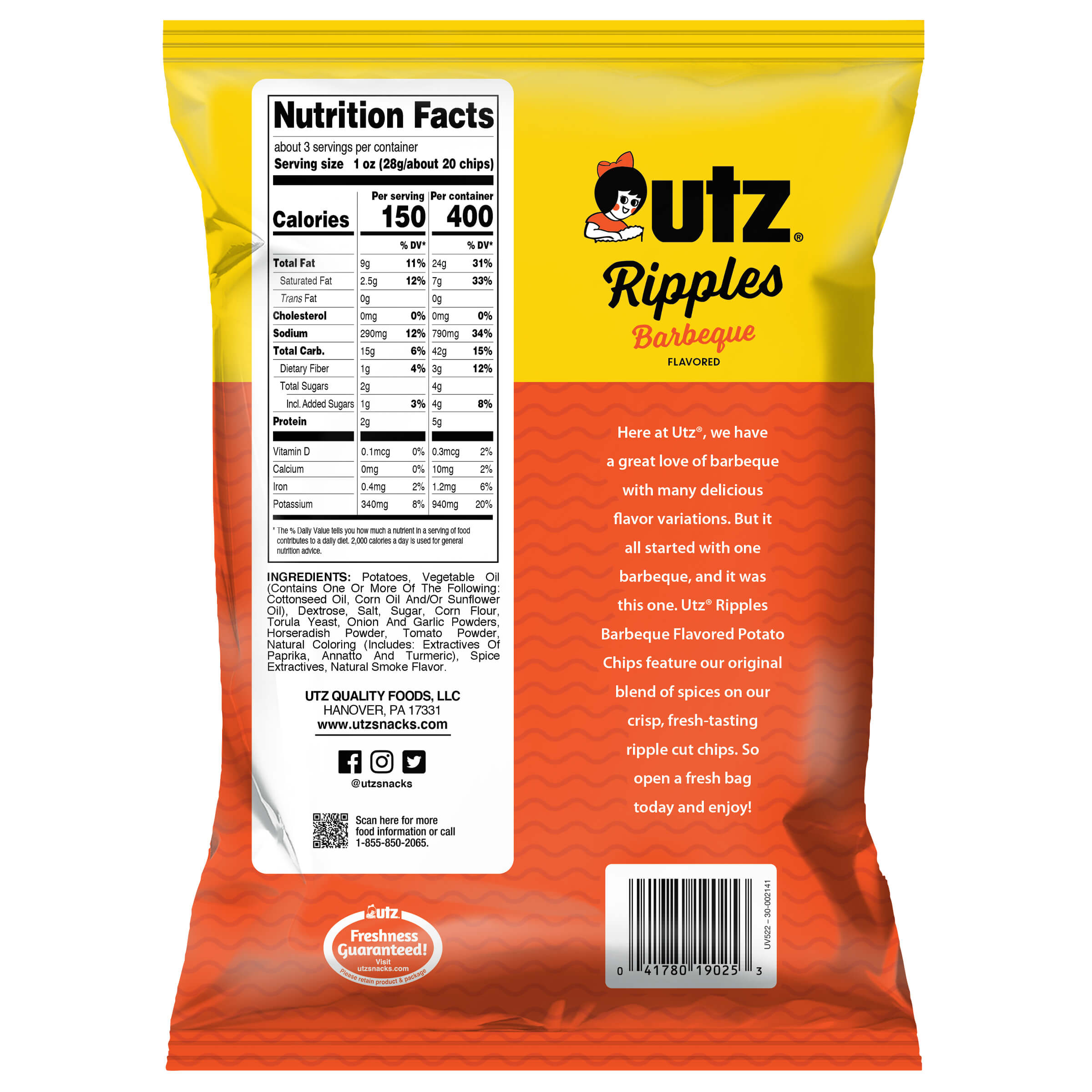 Outz Ripples Barbecue flavored potato chips packaging with nutrition facts label on a white background