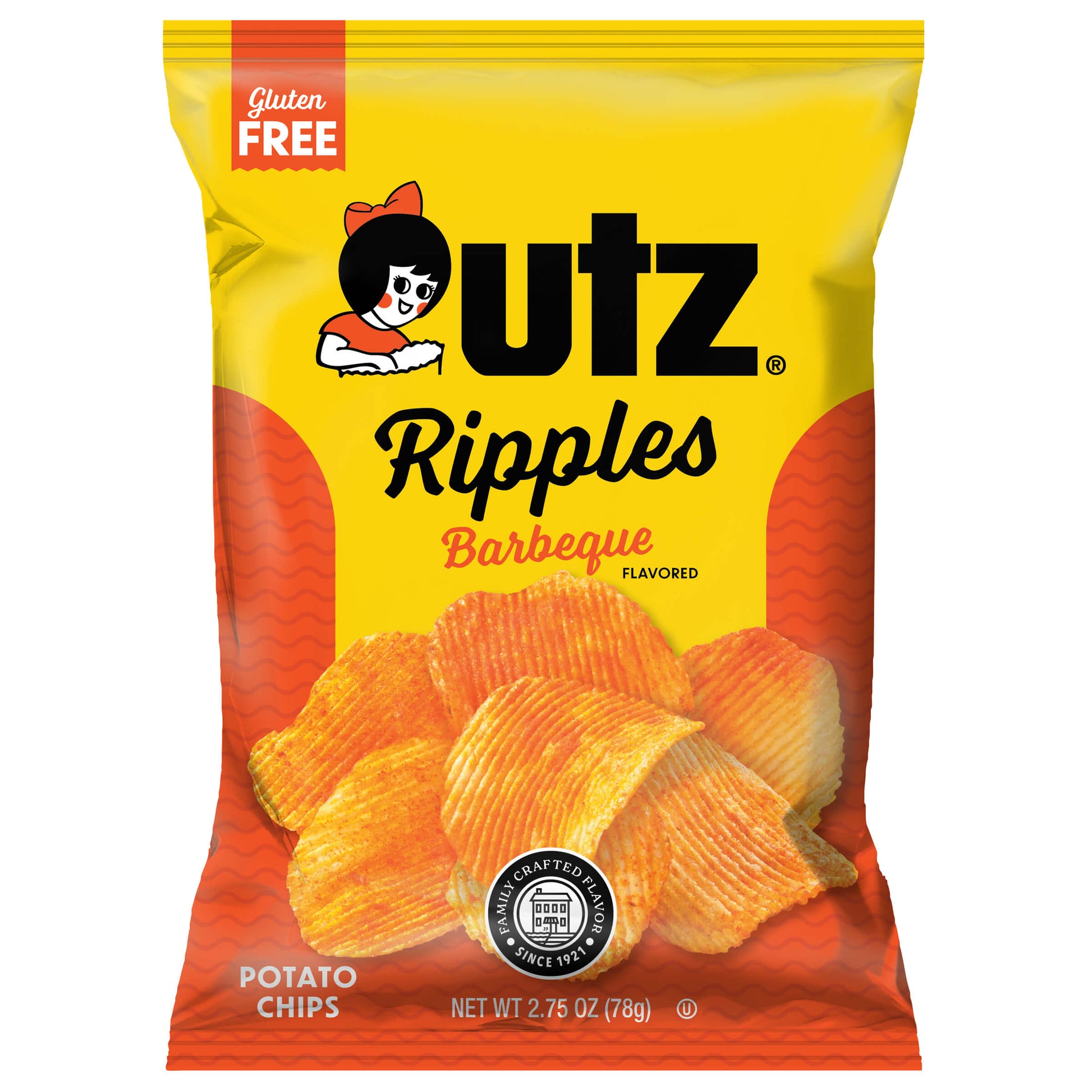 Packaging of Utz Ripples Barbecue flavored potato chips with yellow and red design.