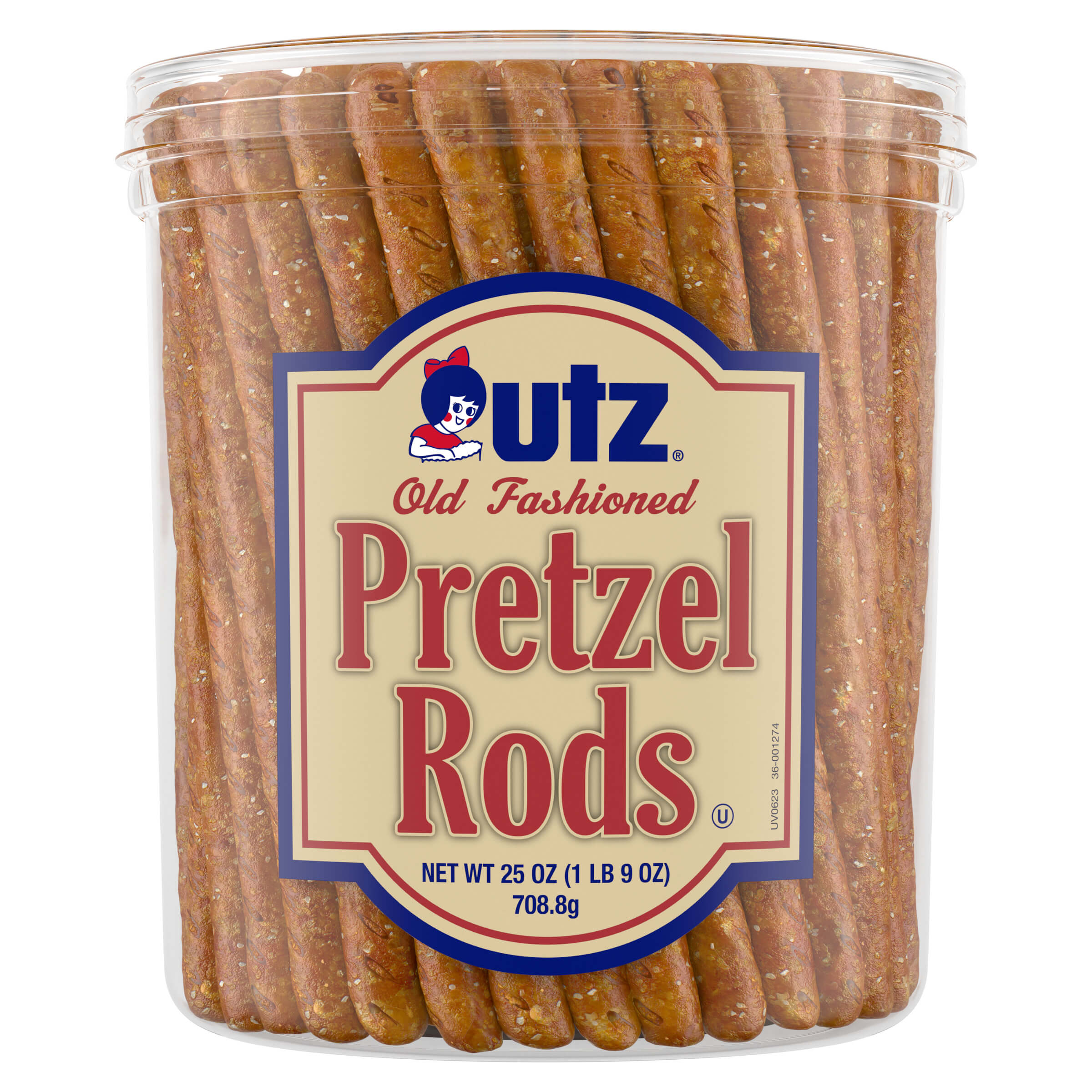 Jar of UTZ Old Fashioned Pretzel Rods on a white background