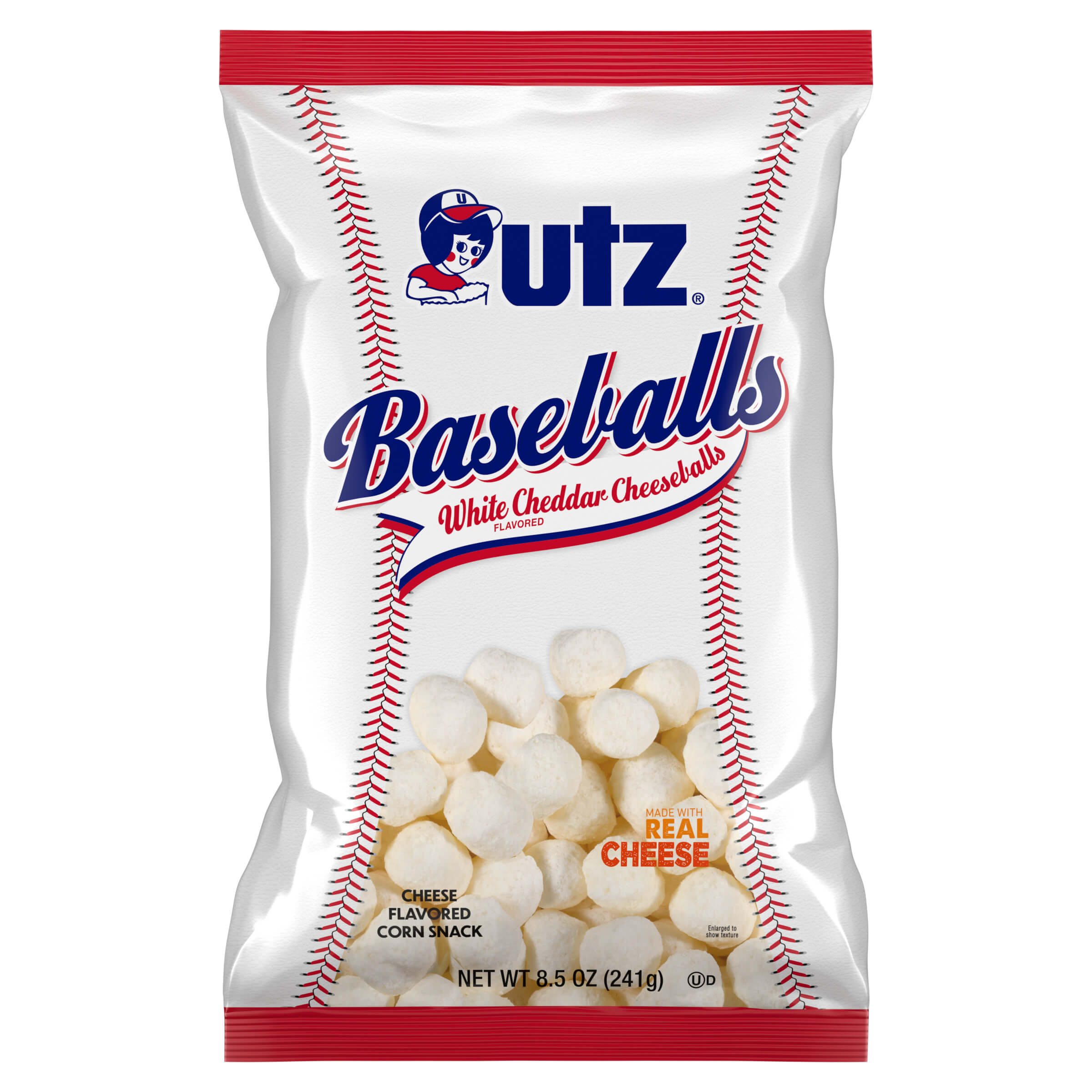 Bag of Utz Baseballs White Cheddar Cheeseballs on a white background