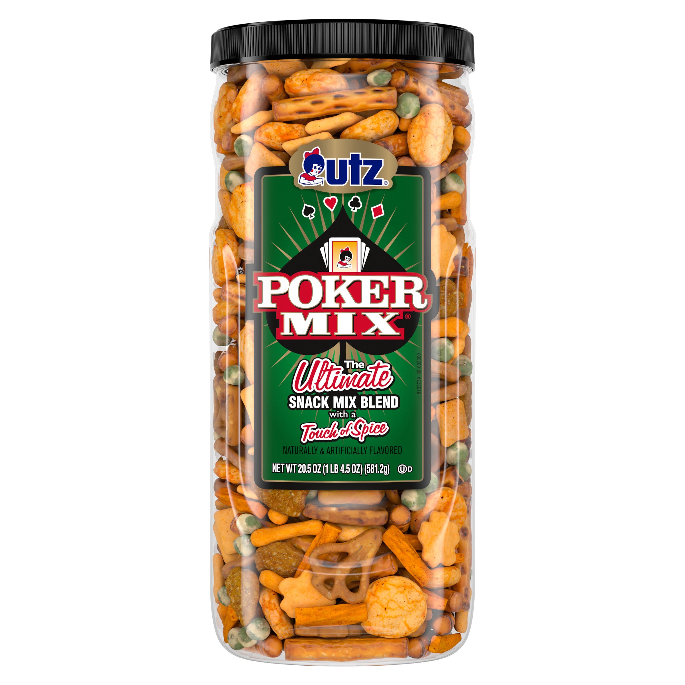 Jar of Utz Poker Mix snack blend on a white background