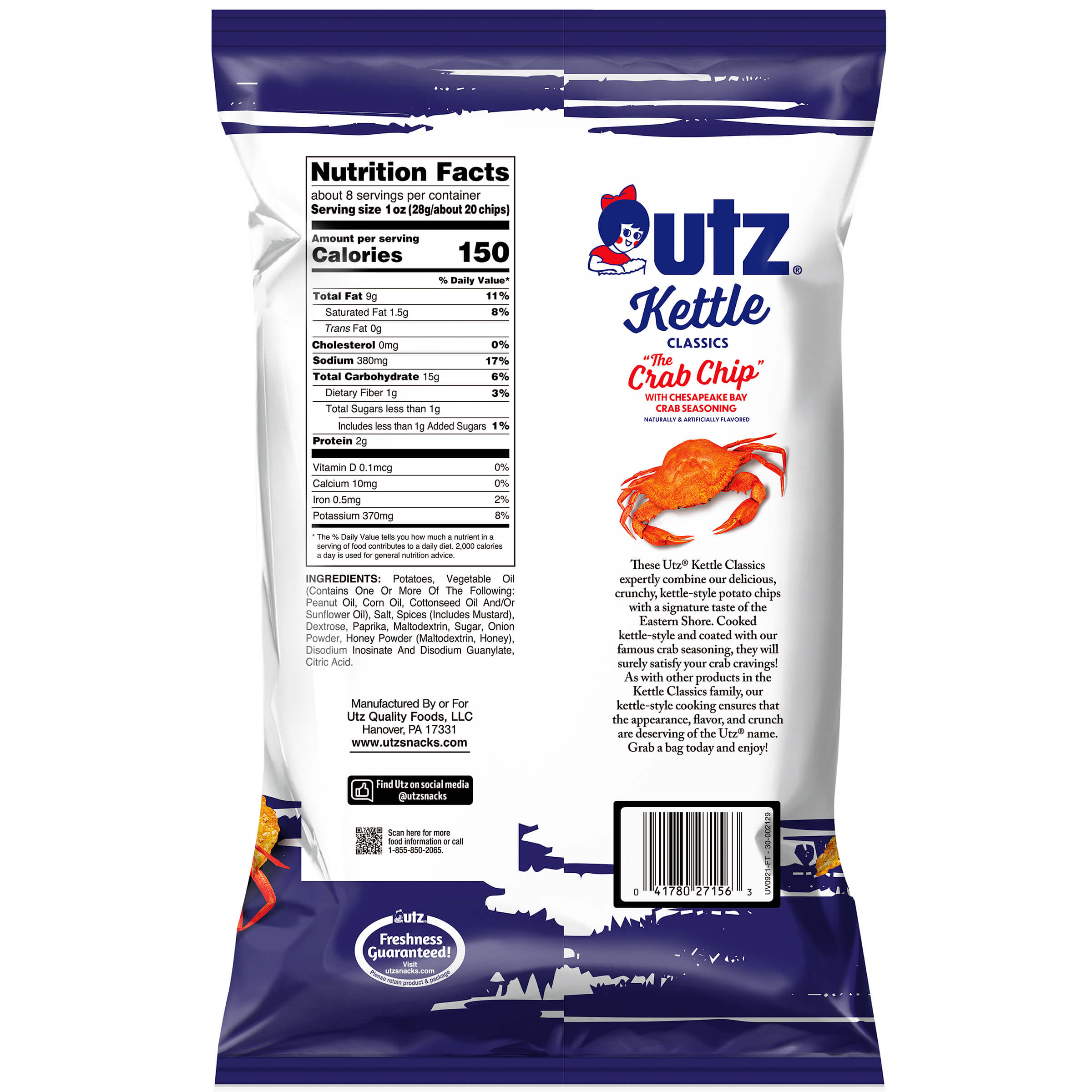 Outz Kettle Classics Crab Chip packaging with nutrition facts and branding details.