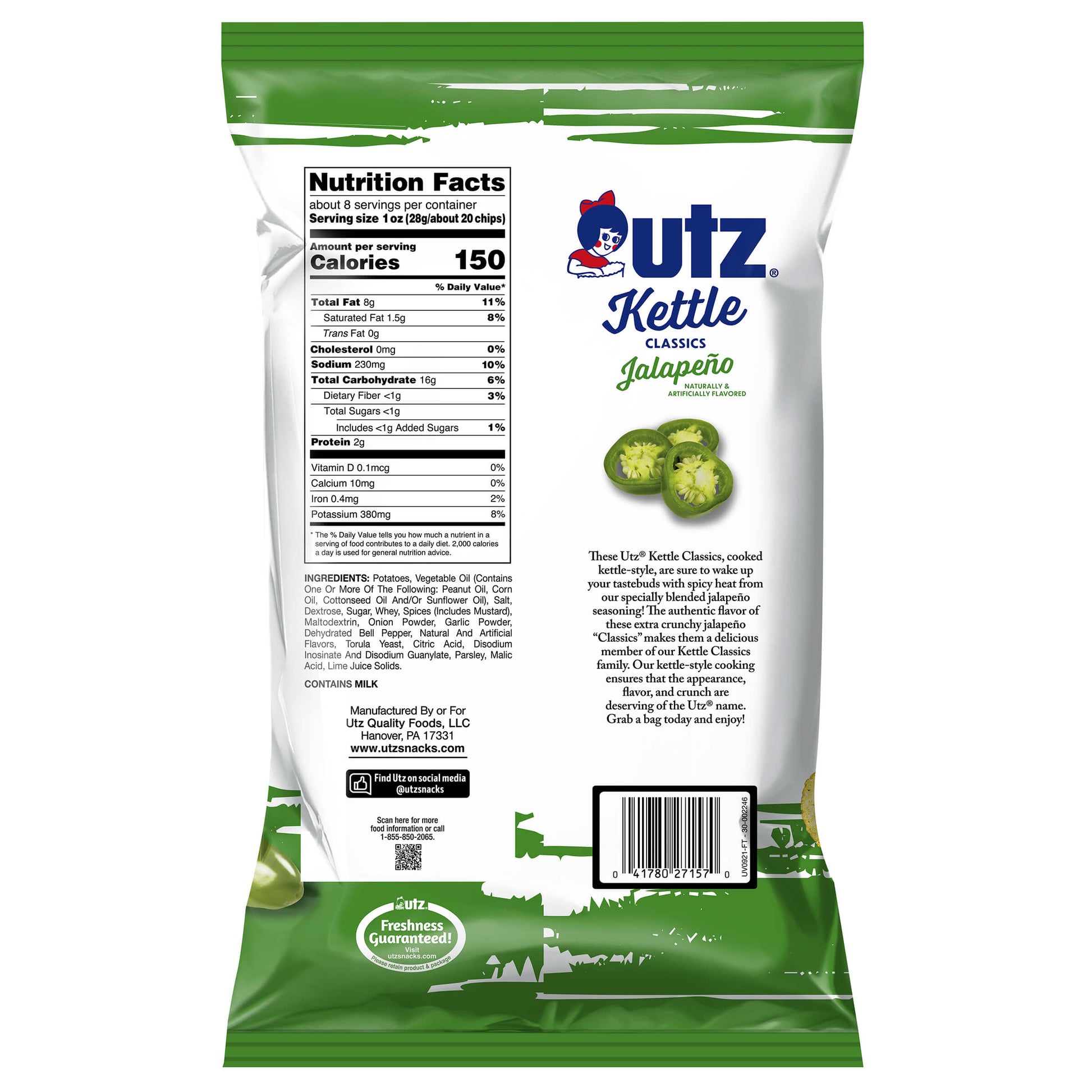 UTZ Kettle Classics Jalapeno bag with nutrition facts and branding on a white background