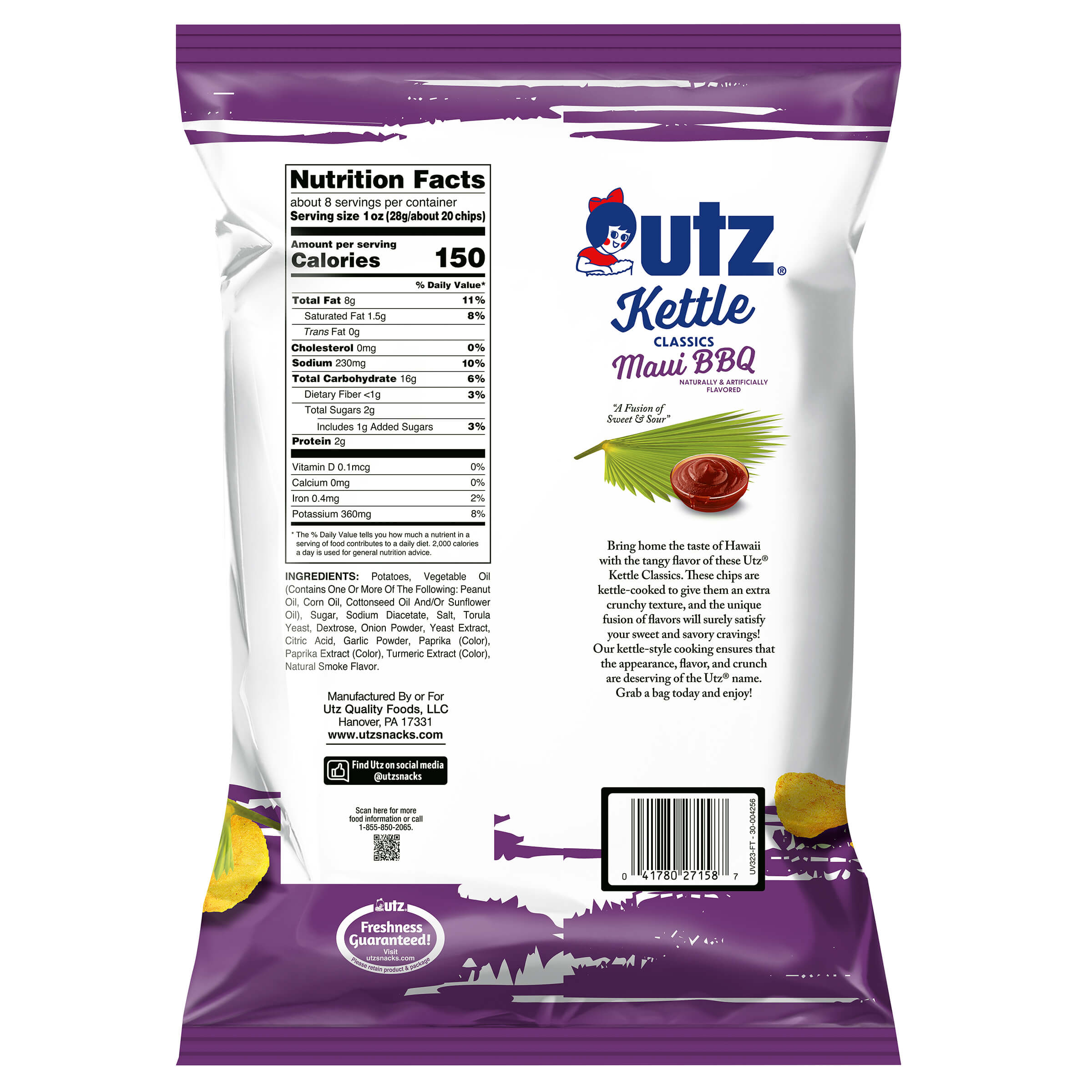 Utz Kettle Classics Maui BBQ snack bag with nutritional information and branding details.