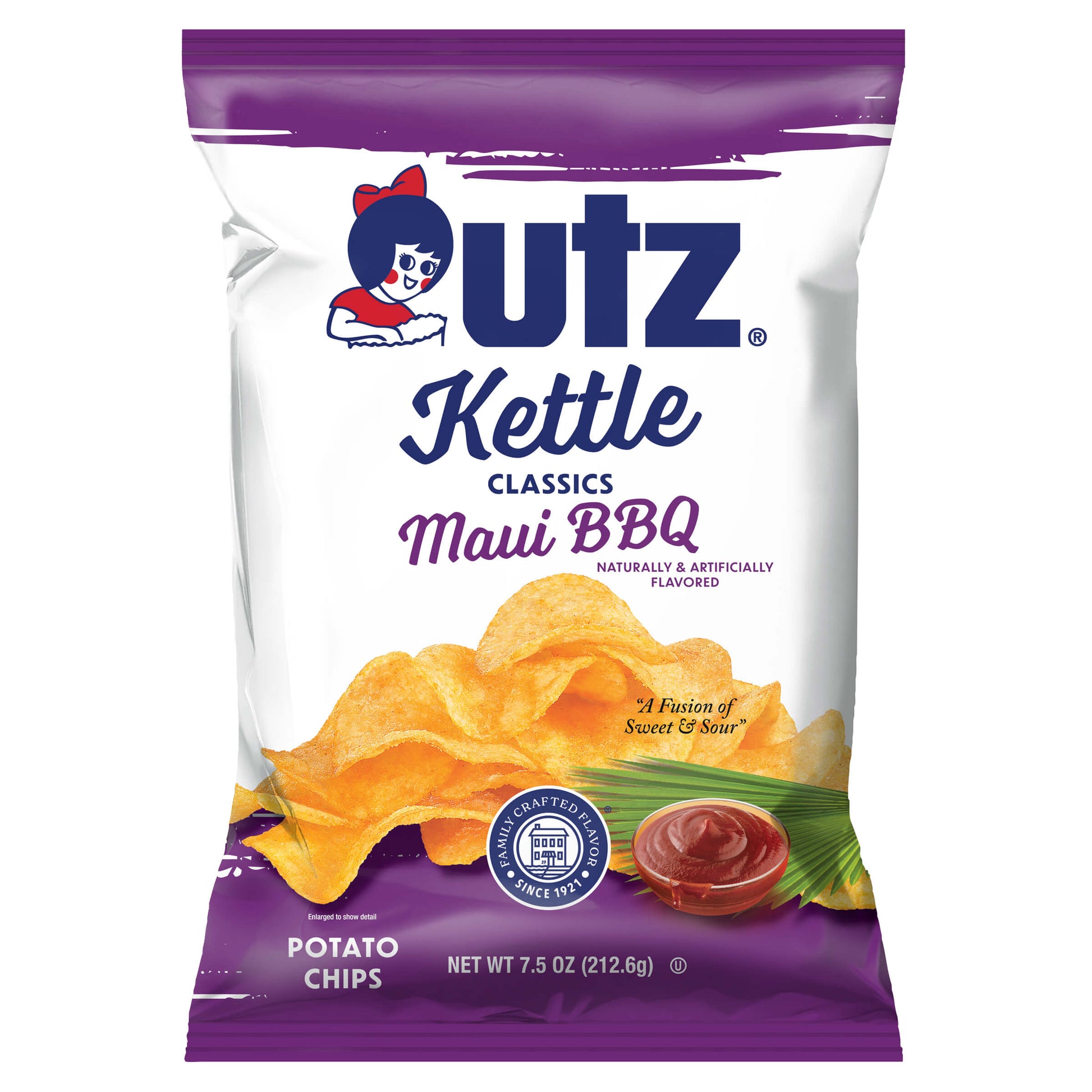 Utz Kettle Classics Maui BBQ potato chips packaging on a white background
