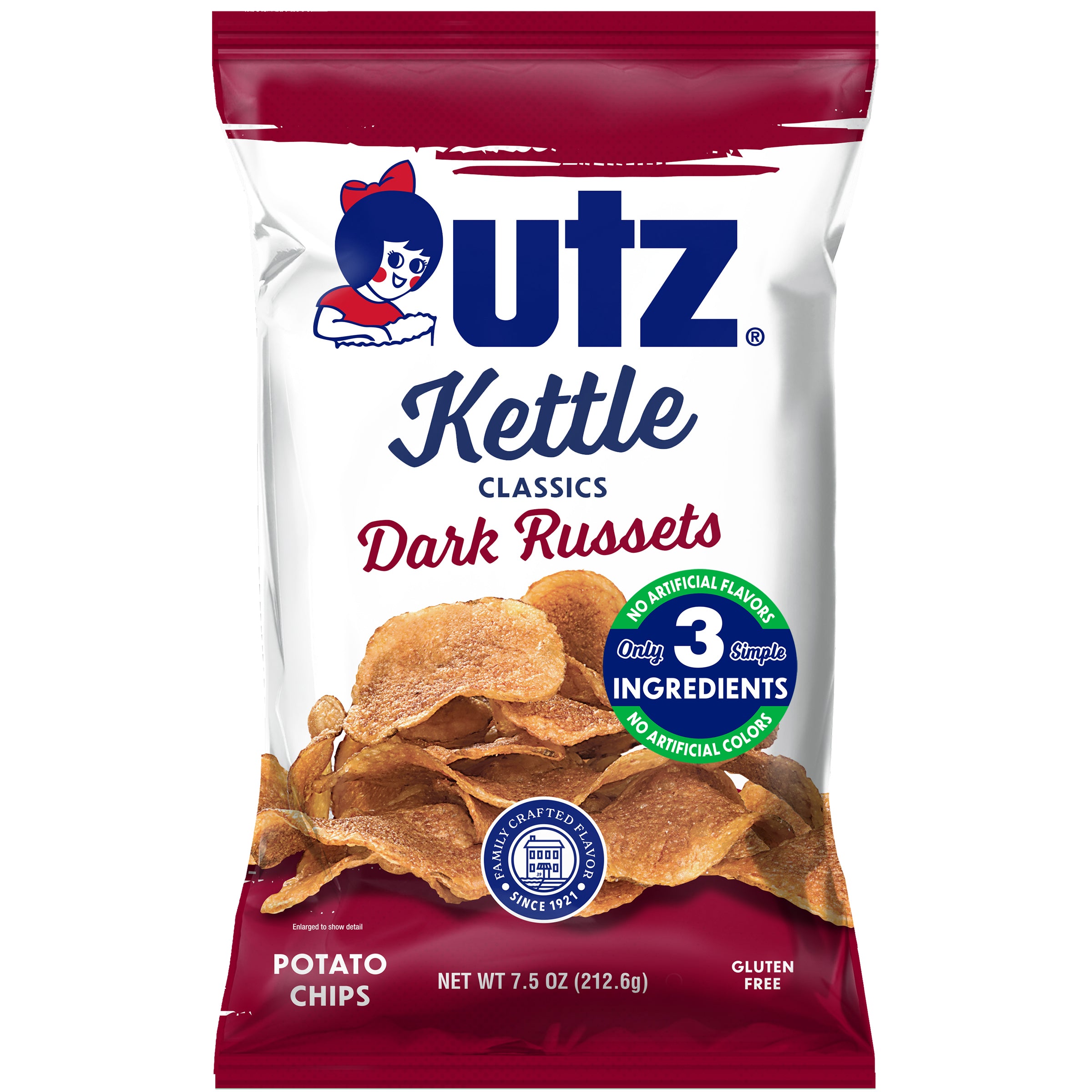 Packaging of Utz Kettle Classics Dark Russets potato chips with brand logo and product details.