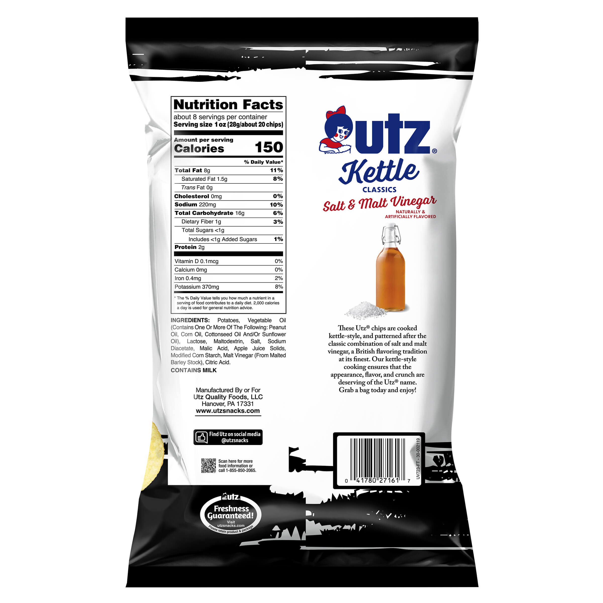 utz Kettle Classics Salt & Vinegar snack bag with nutrition facts and branding on a white background