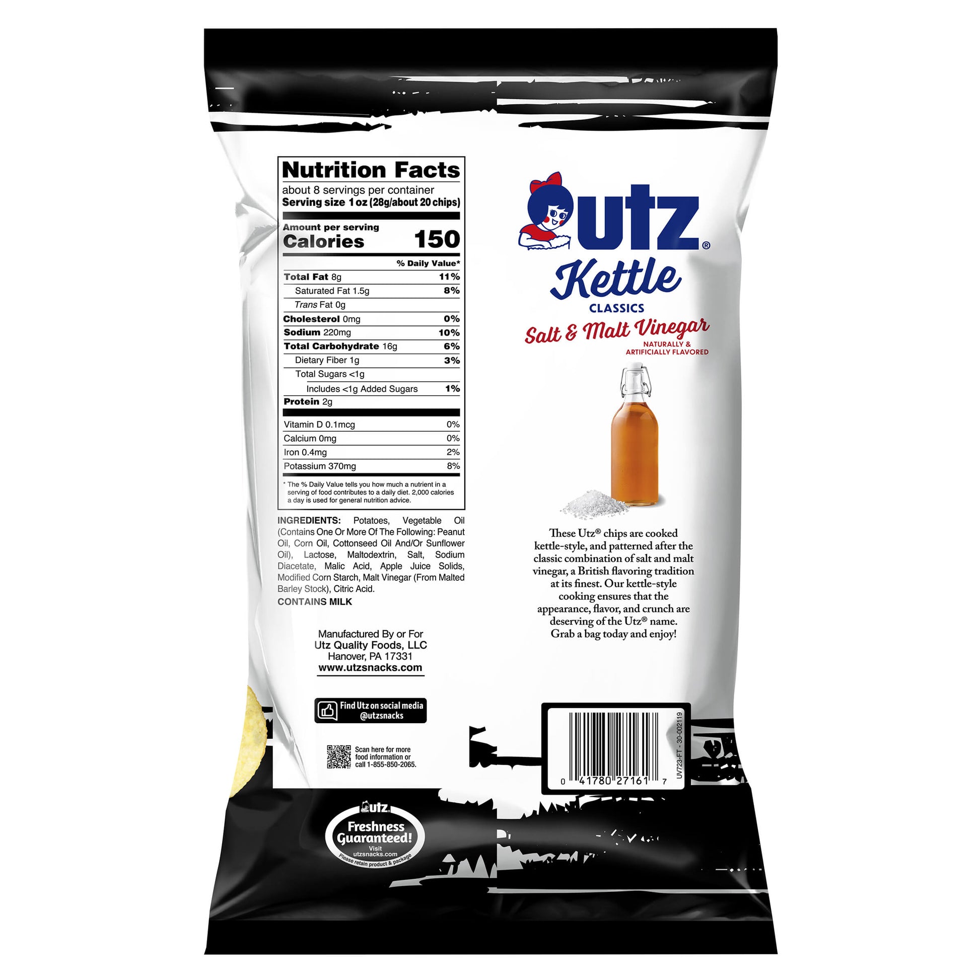 utz Kettle Classics Salt & Vinegar snack bag with nutrition facts and branding on a white background