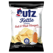 Utz Kettle Classics Salt & Malt Vinegar potato chips packaging on a white background