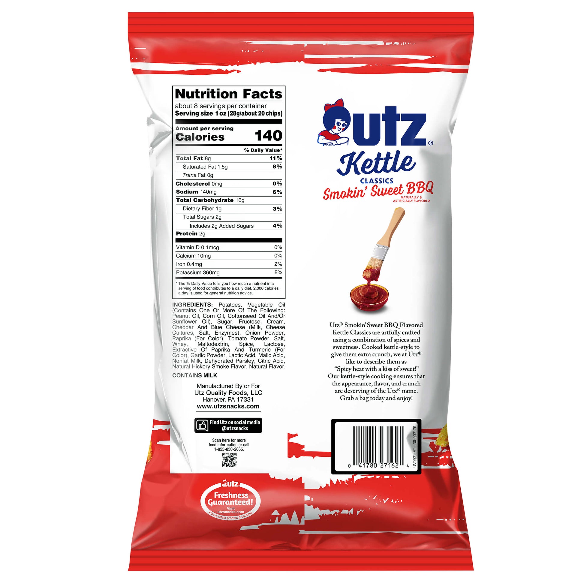 Outz Kettle Classic Smokin' Sweet BBQ snack package with nutrition facts and ingredients listed.