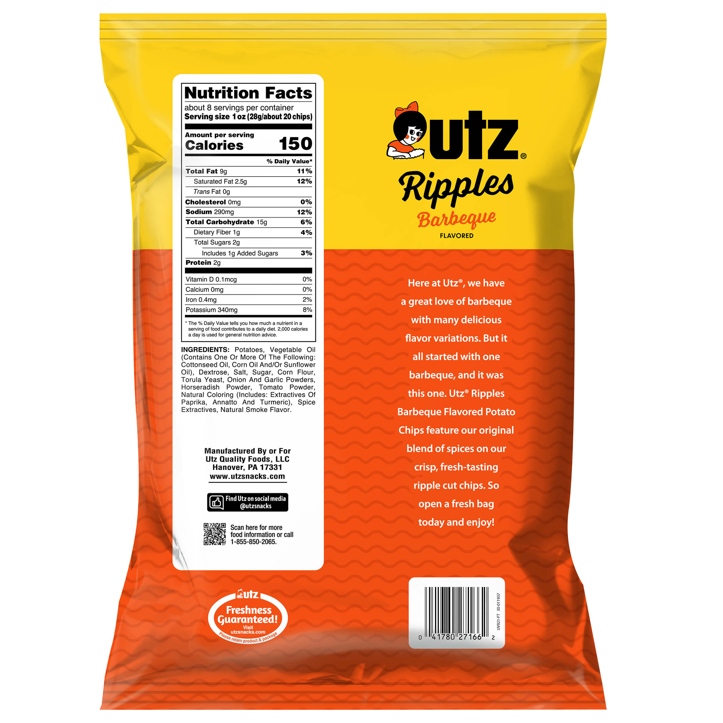 Outz Ripples Barbecue flavored potato chips packaging with nutrition facts and brand information.