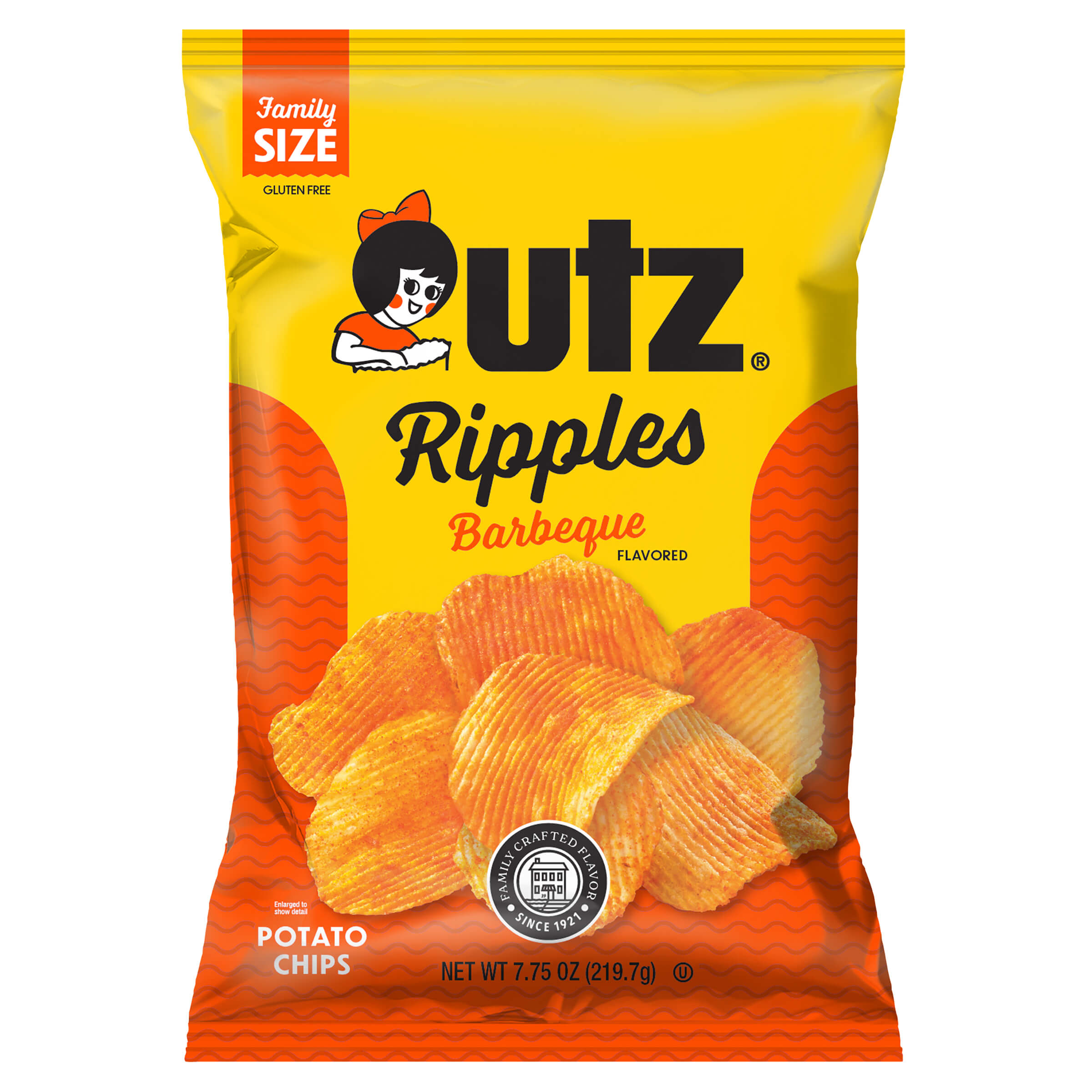 Packaging of Utz Ripples Barbeque flavored potato chips with yellow and orange design.