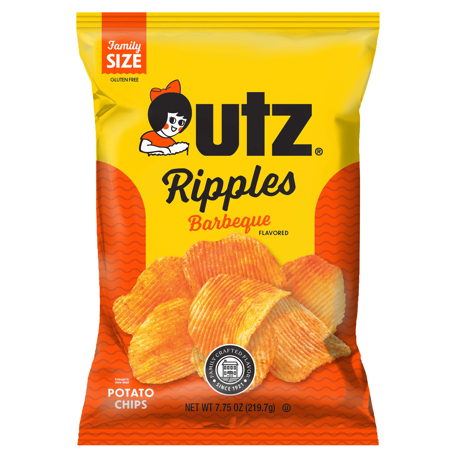 Packaging of Utz Ripples Barbeque flavored potato chips with yellow and orange design.